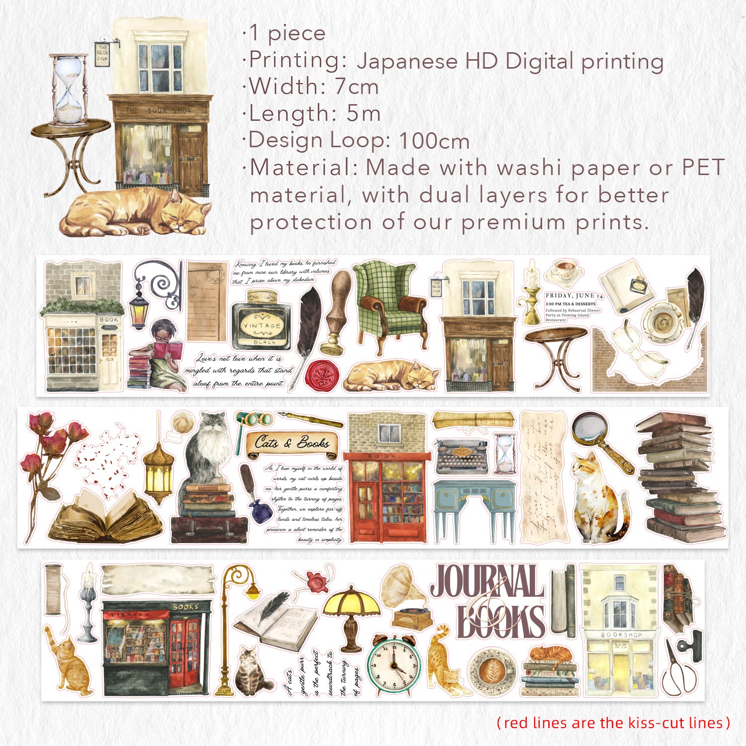 Pre-cut Cats and Books Wide Washi/PET Tape | The Washi Tape Shop. Beautiful Washi and Decorative Tape For Bullet Journals, Gift Wrapping, Planner Decoration and DIY Projects