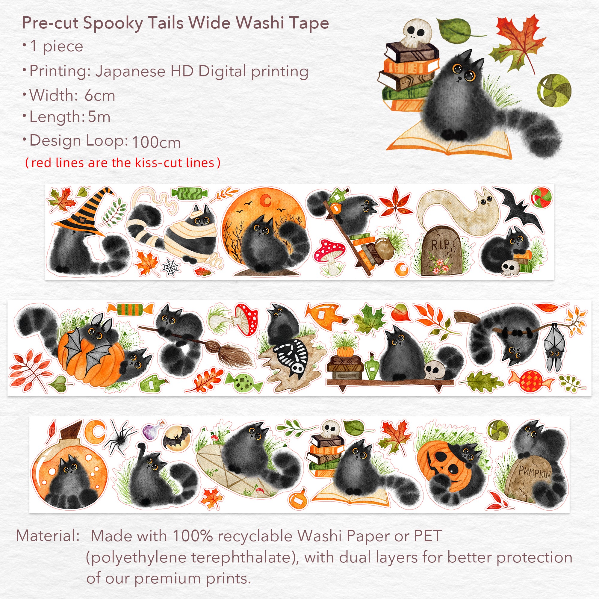 Pre-cut Spooky Tails Wide Washi/PET Tape | The Washi Tape Shop. Beautiful Washi and Decorative Tape For Bullet Journals, Gift Wrapping, Planner Decoration and DIY Projects