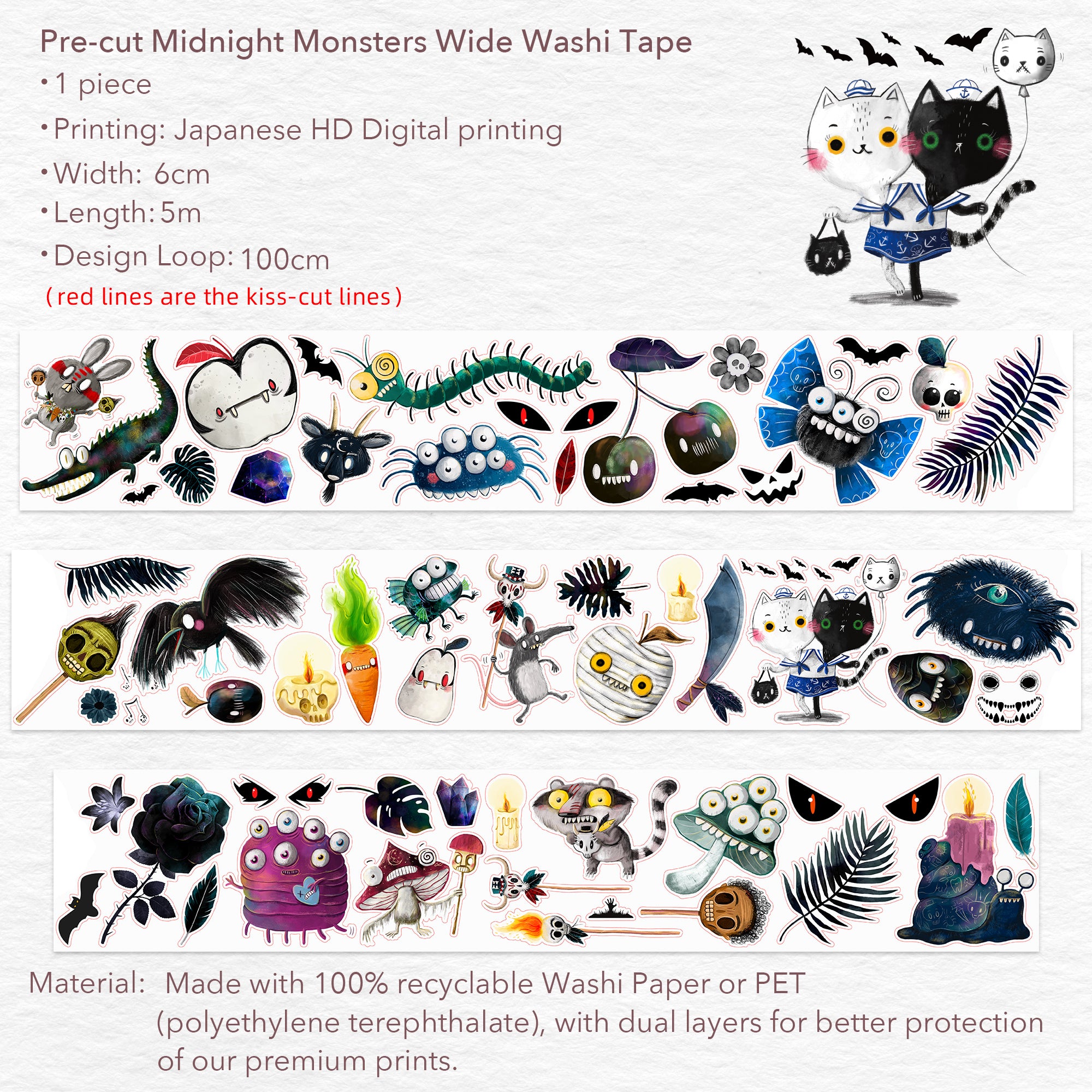 Pre-cut Midnight Monsters Wide Washi/PET Tape | The Washi Tape Shop. Beautiful Washi and Decorative Tape For Bullet Journals, Gift Wrapping, Planner Decoration and DIY Projects