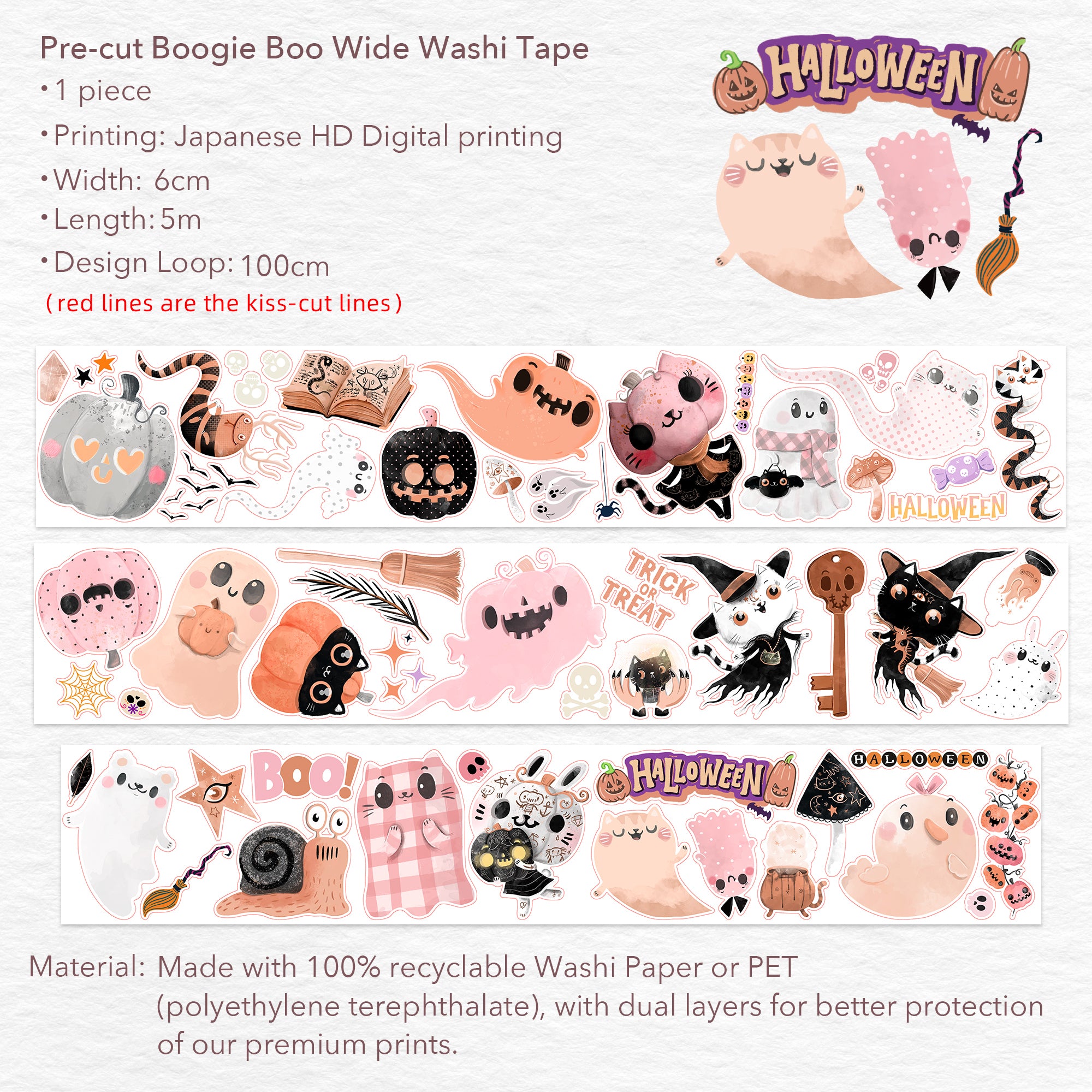 Pre-cut Boogie Boo Wide Washi/PET Tape | The Washi Tape Shop. Beautiful Washi and Decorative Tape For Bullet Journals, Gift Wrapping, Planner Decoration and DIY Projects