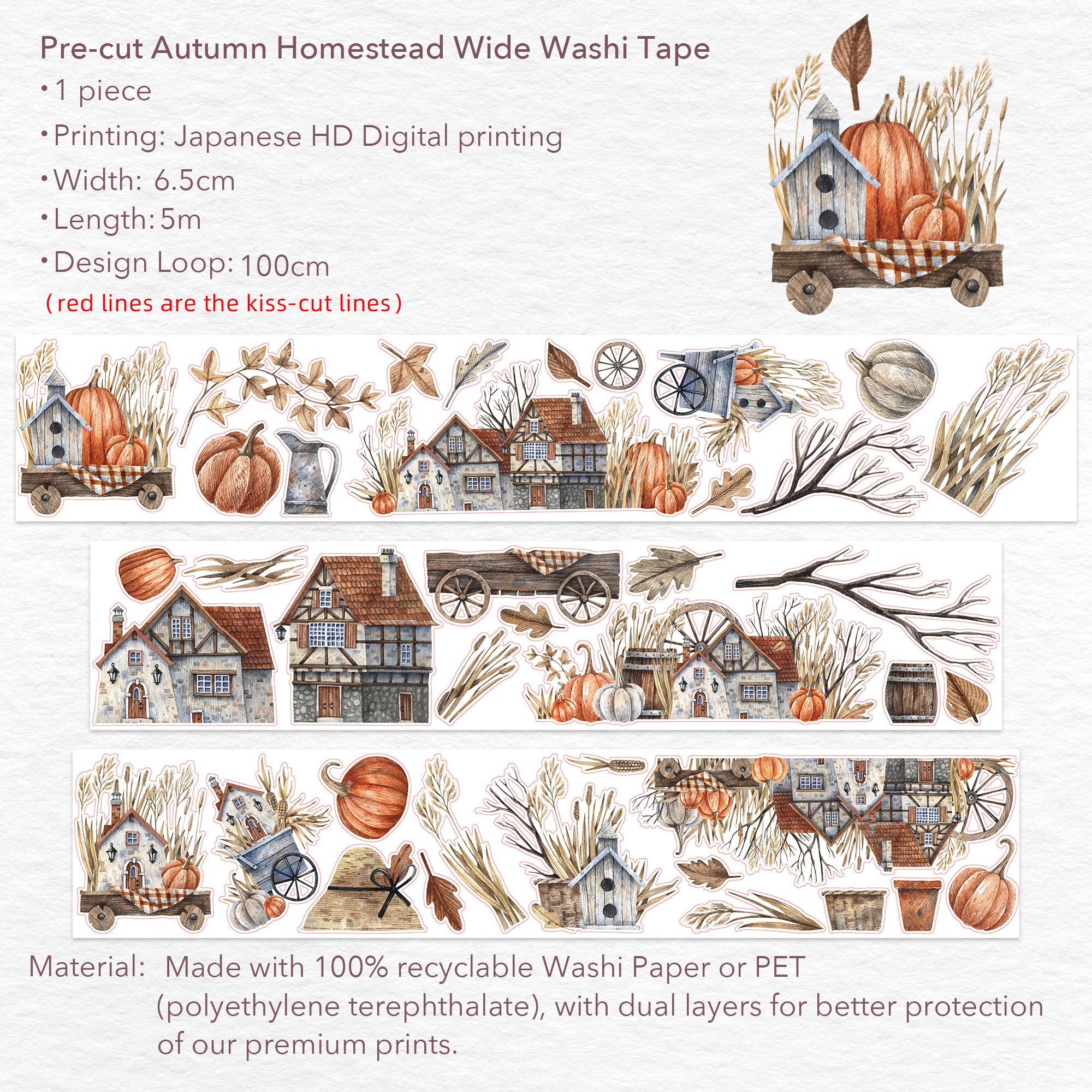Pre-cut Autumn Homestead Wide Washi/PET Tape | The Washi Tape Shop. Beautiful Washi and Decorative Tape For Bullet Journals, Gift Wrapping, Planner Decoration and DIY Projects