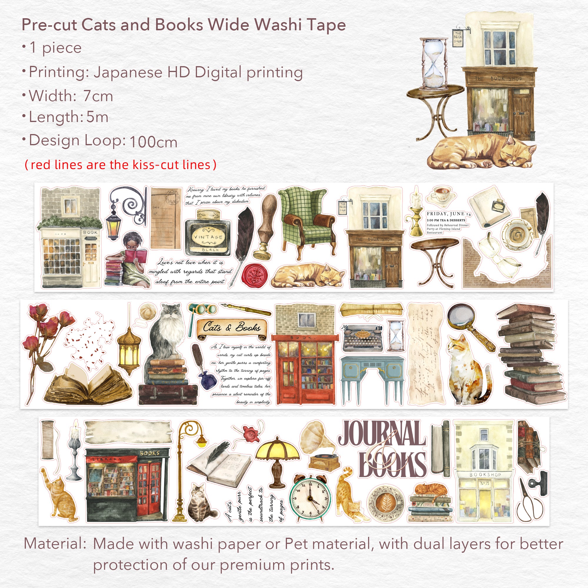 Pre-cut Cats and Books Wide Washi/PET Tape | The Washi Tape Shop. Beautiful Washi and Decorative Tape For Bullet Journals, Gift Wrapping, Planner Decoration and DIY Projects