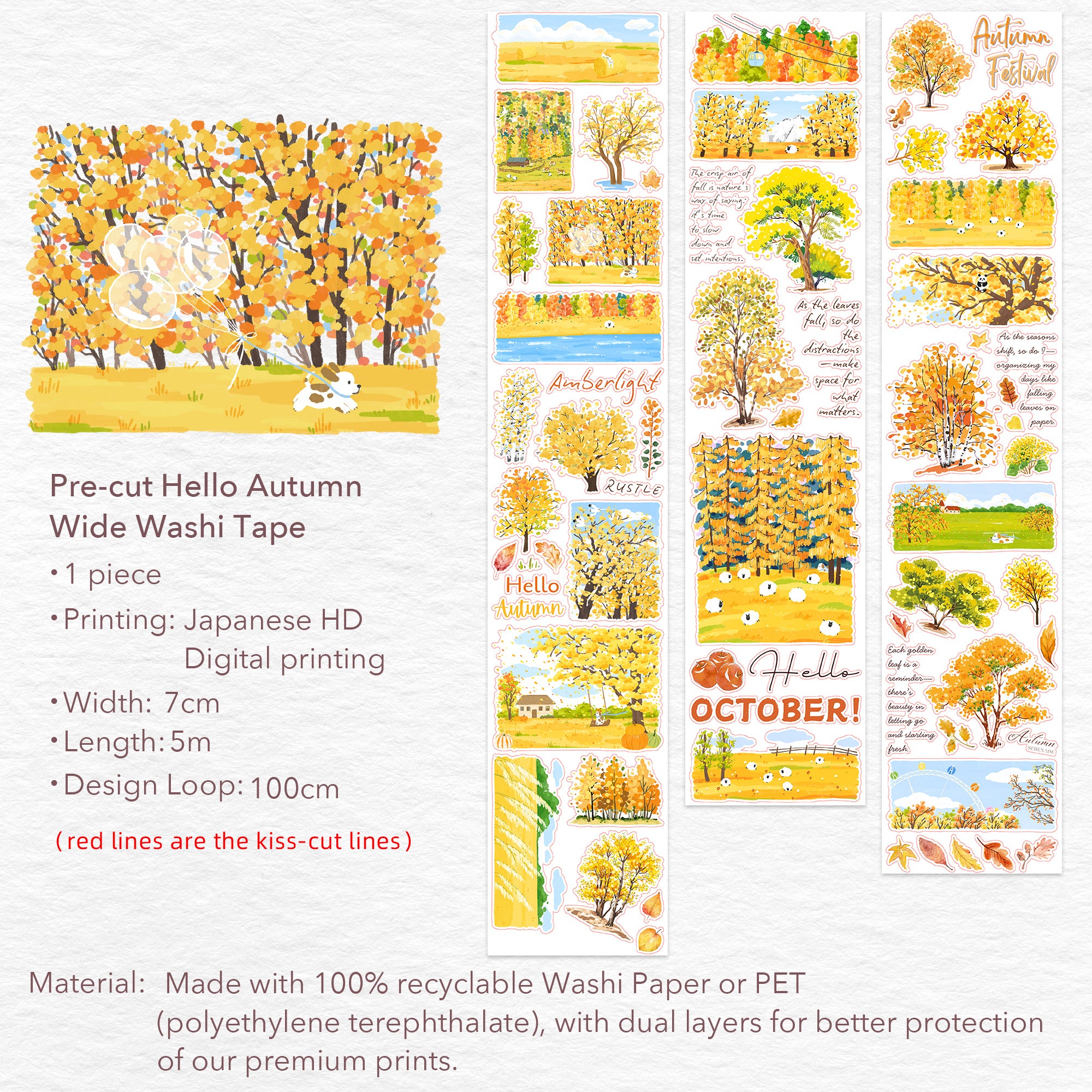 Pre-cut Hello Autumn Wide Washi/PET Tape | The Washi Tape Shop. Beautiful Washi and Decorative Tape For Bullet Journals, Gift Wrapping, Planner Decoration and DIY Projects