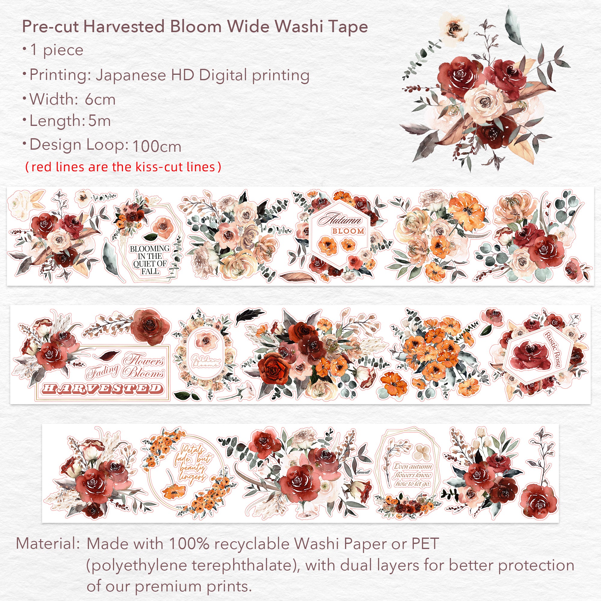Pre-cut Harvested Bloom Wide Washi/PET Tape | The Washi Tape Shop. Beautiful Washi and Decorative Tape For Bullet Journals, Gift Wrapping, Planner Decoration and DIY Projects