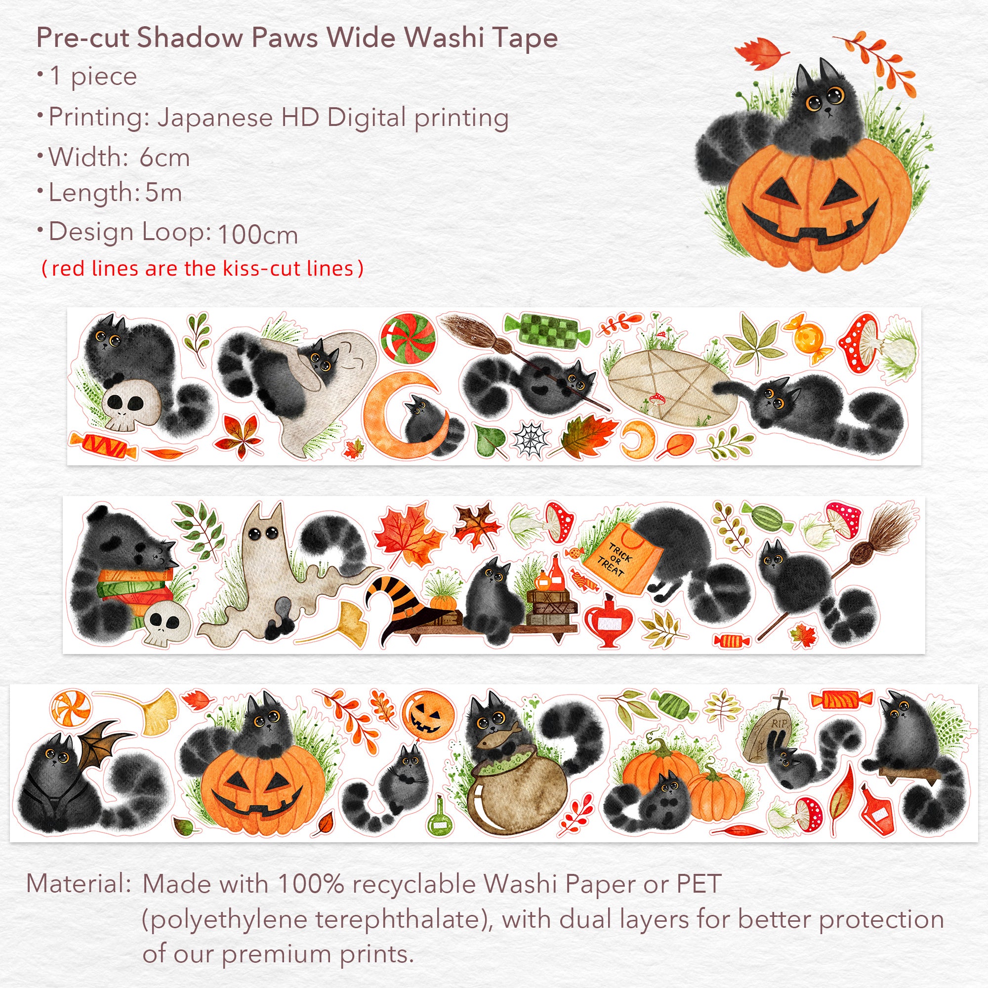 Pre-cut Shadow Paws Wide Washi/PET Tape | The Washi Tape Shop. Beautiful Washi and Decorative Tape For Bullet Journals, Gift Wrapping, Planner Decoration and DIY Projects