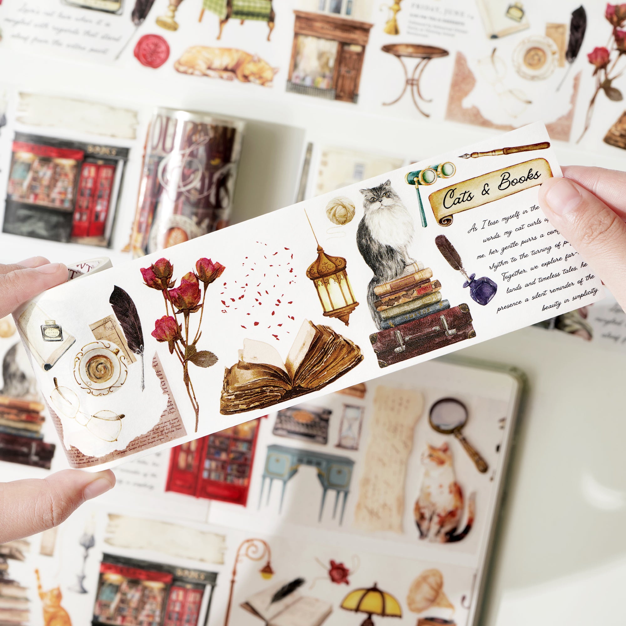 Pre-cut Cats and Books Wide Washi/PET Tape | The Washi Tape Shop. Beautiful Washi and Decorative Tape For Bullet Journals, Gift Wrapping, Planner Decoration and DIY Projects