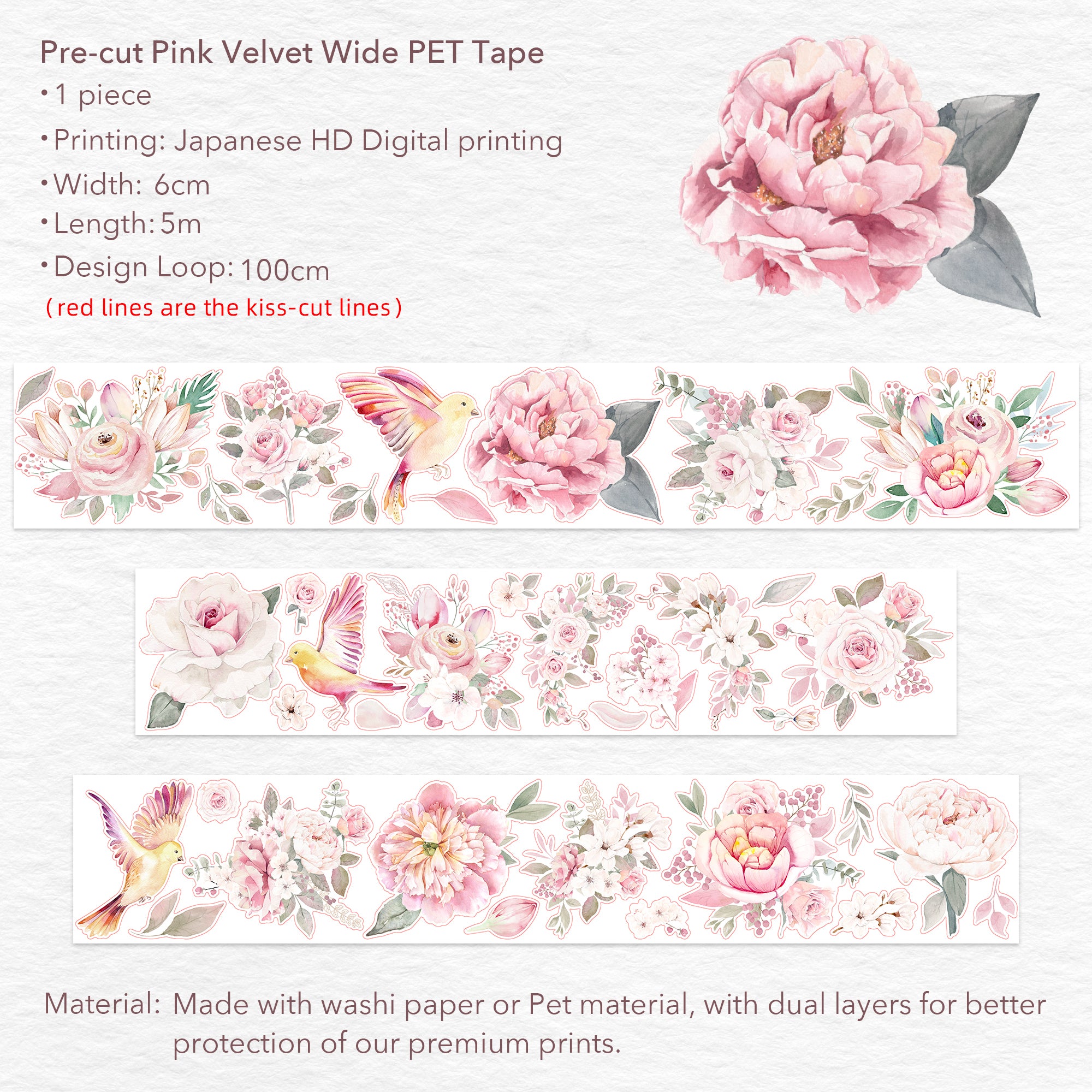 Pre-cut Pink Velvet Wide Washi/PET Tape | The Washi Tape Shop. Beautiful Washi and Decorative Tape For Bullet Journals, Gift Wrapping, Planner Decoration and DIY Projects