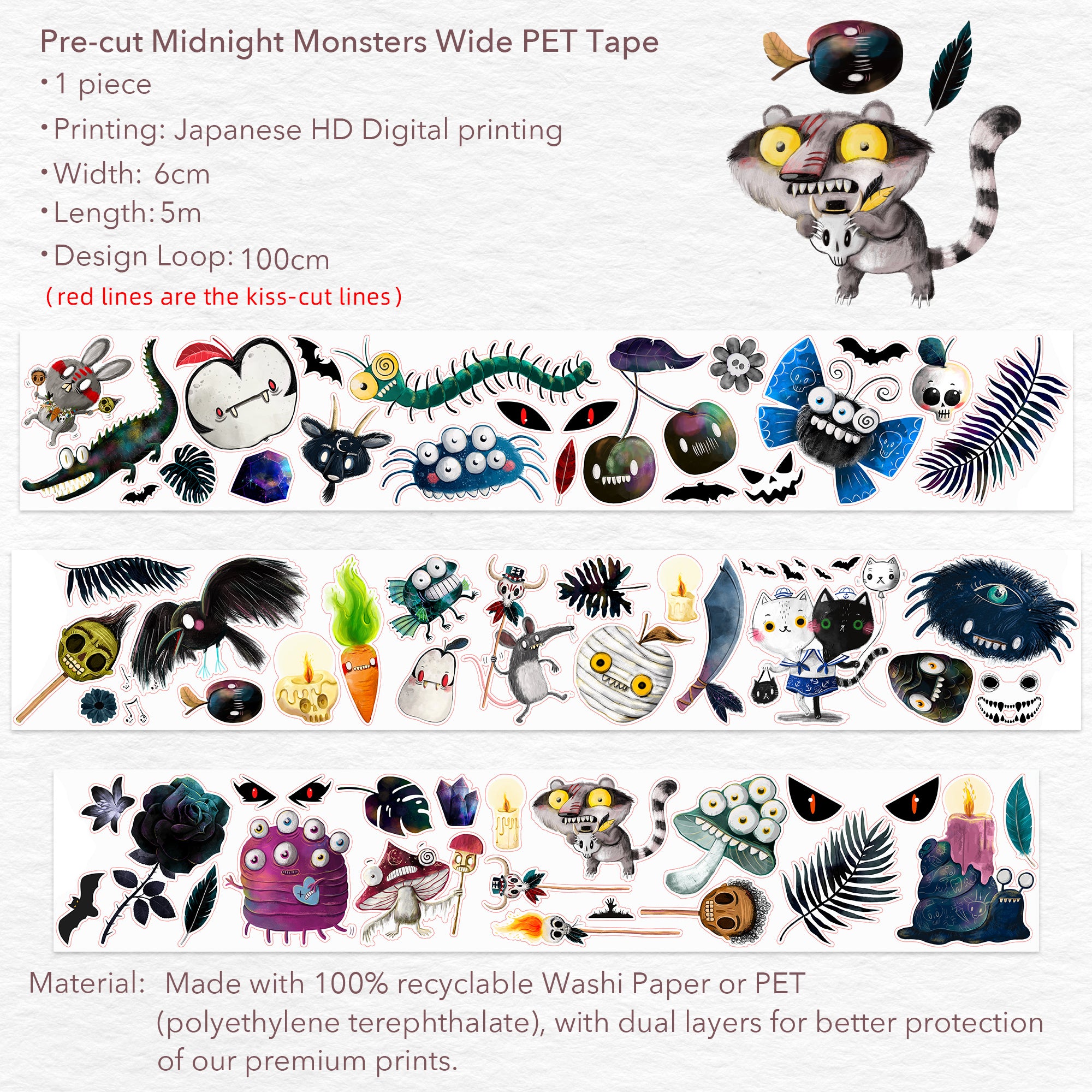 Pre-cut Midnight Monsters Wide Washi/PET Tape | The Washi Tape Shop. Beautiful Washi and Decorative Tape For Bullet Journals, Gift Wrapping, Planner Decoration and DIY Projects