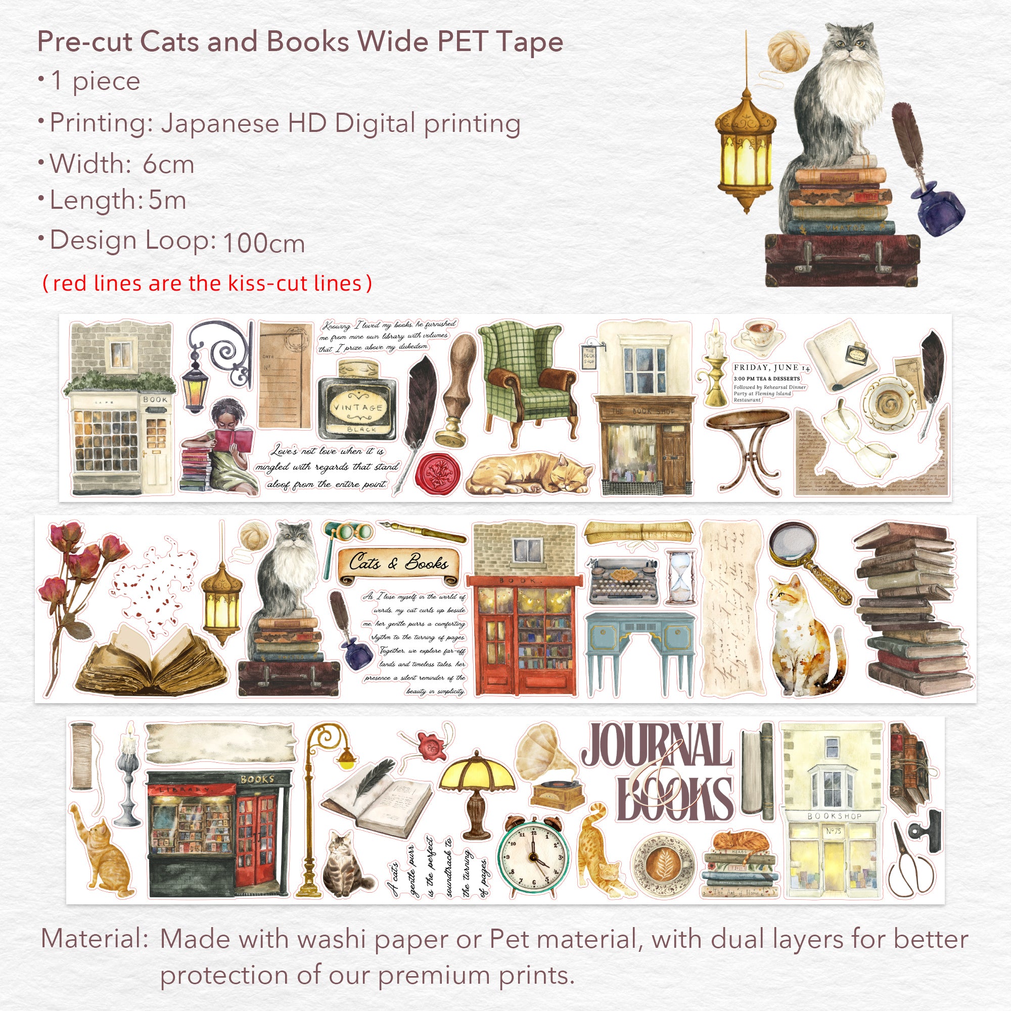 Pre-cut Cats and Books Wide Washi/PET Tape | The Washi Tape Shop. Beautiful Washi and Decorative Tape For Bullet Journals, Gift Wrapping, Planner Decoration and DIY Projects