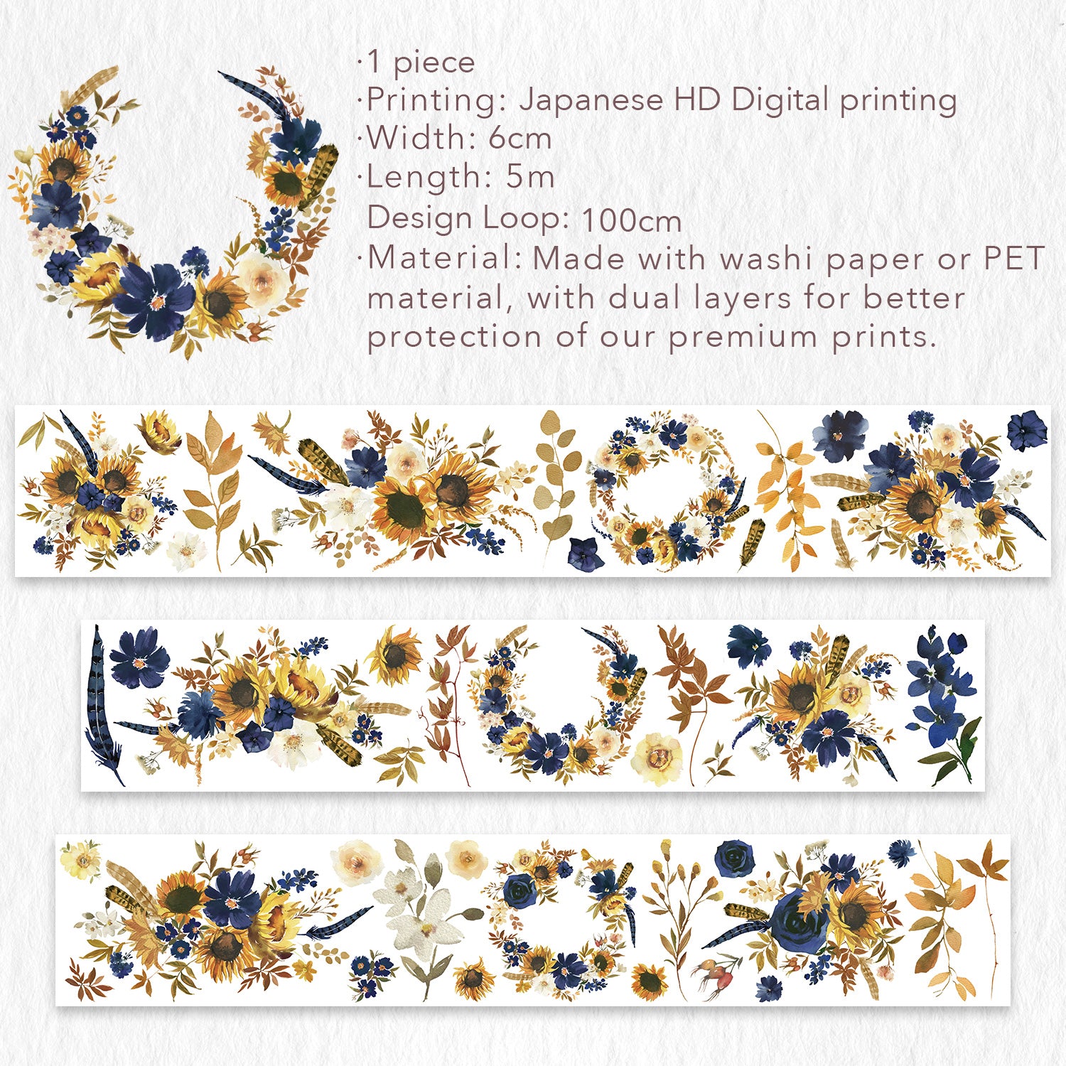 Sunflower & Navy Wide Washi / PET Tape | The Washi Tape Shop. Beautiful Washi and Decorative Tape For Bullet Journals, Gift Wrapping, Planner Decoration and DIY Projects