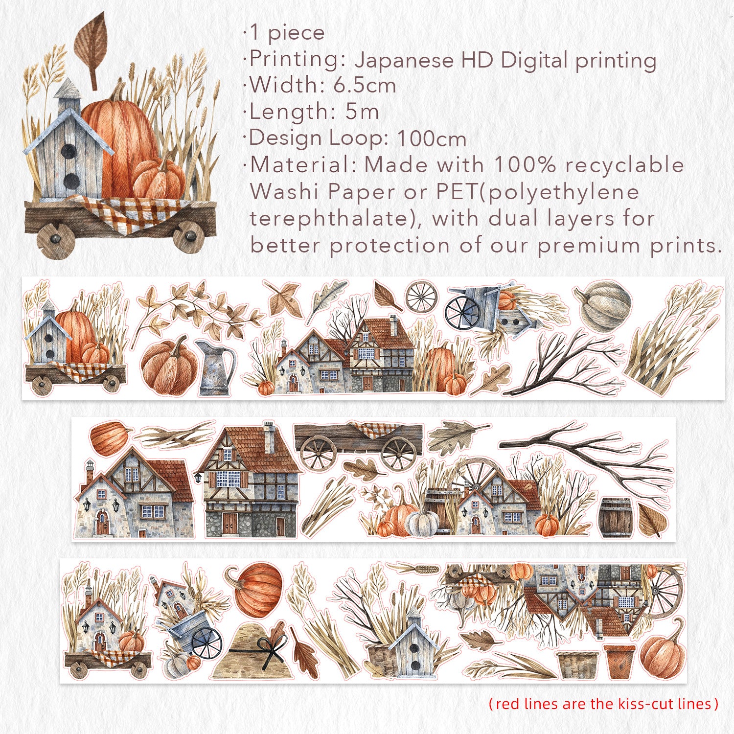 Pre-cut Autumn Homestead Wide Washi/PET Tape