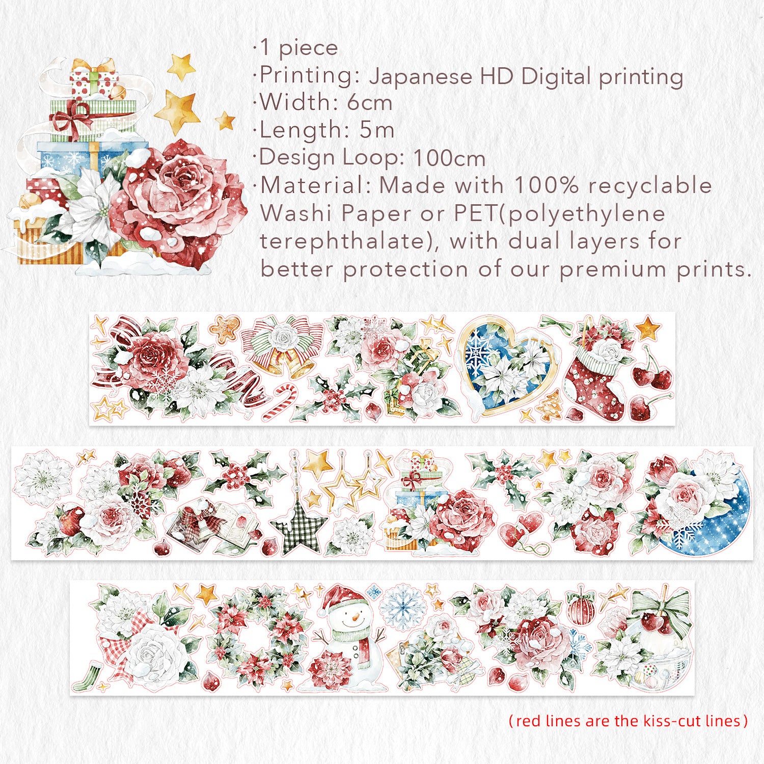 Pre-cut Holly Bloom Wide Washi/PET Tape