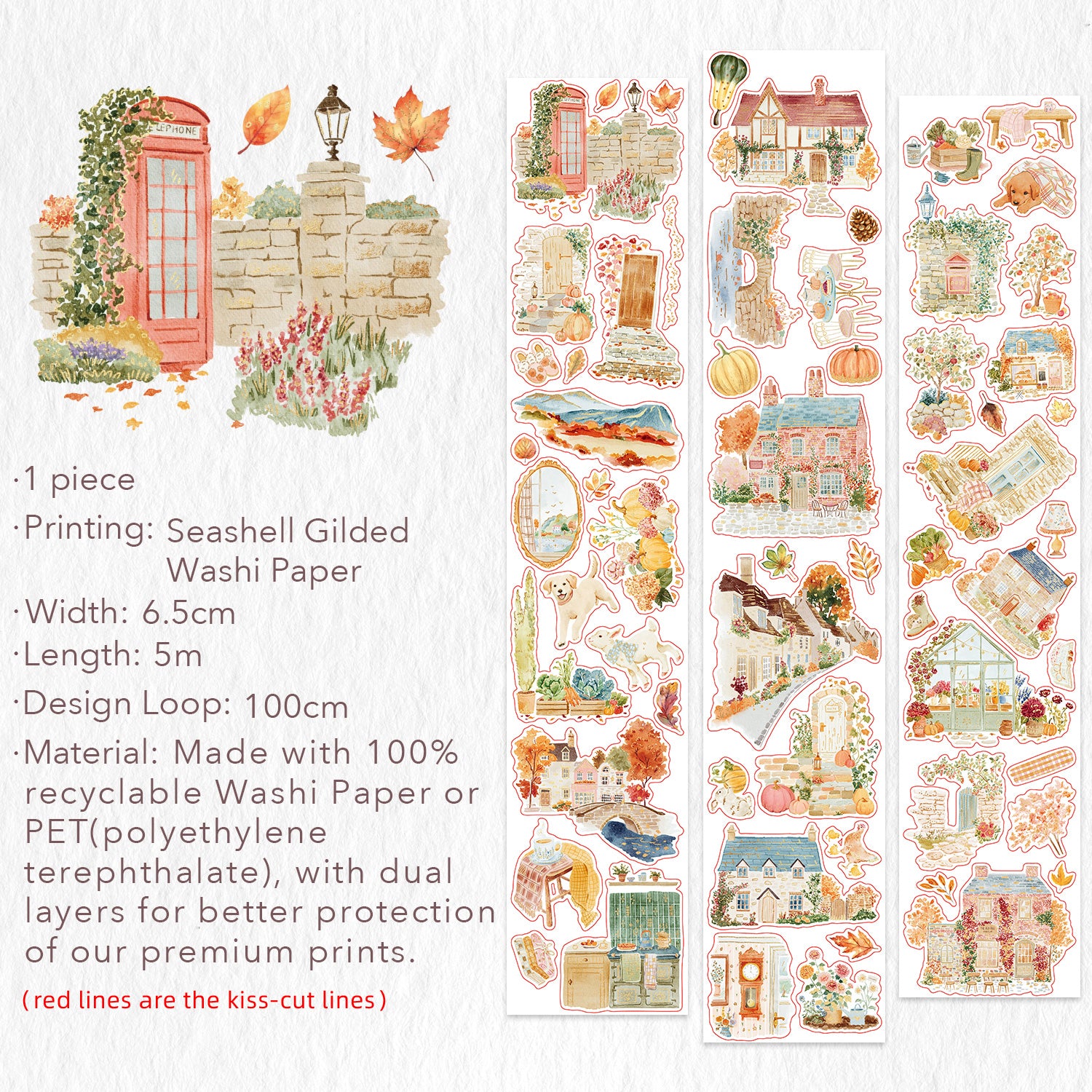 Pre-cut Autumn Village Wide Washi/PET Tape (Seashell Gilded)