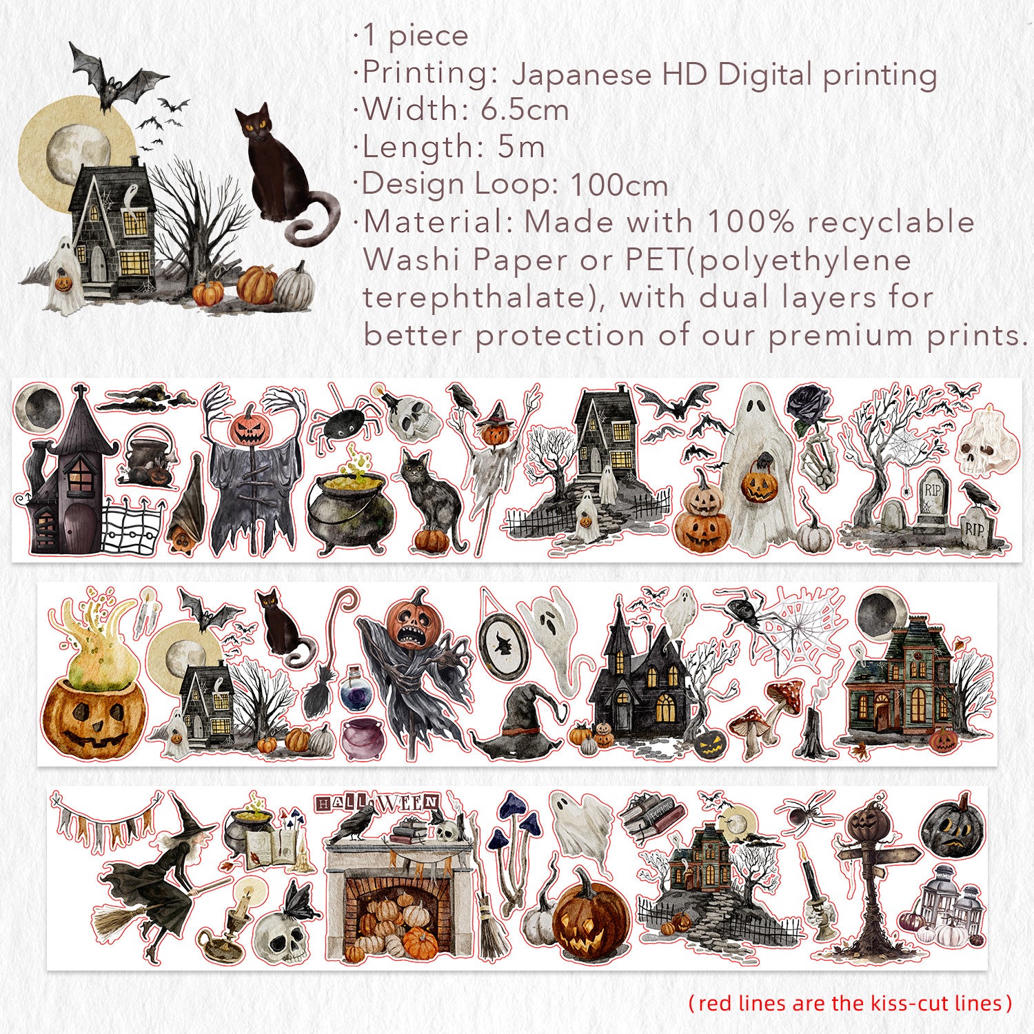 Pre-cut Haunted House Wide Washi/PET Tape