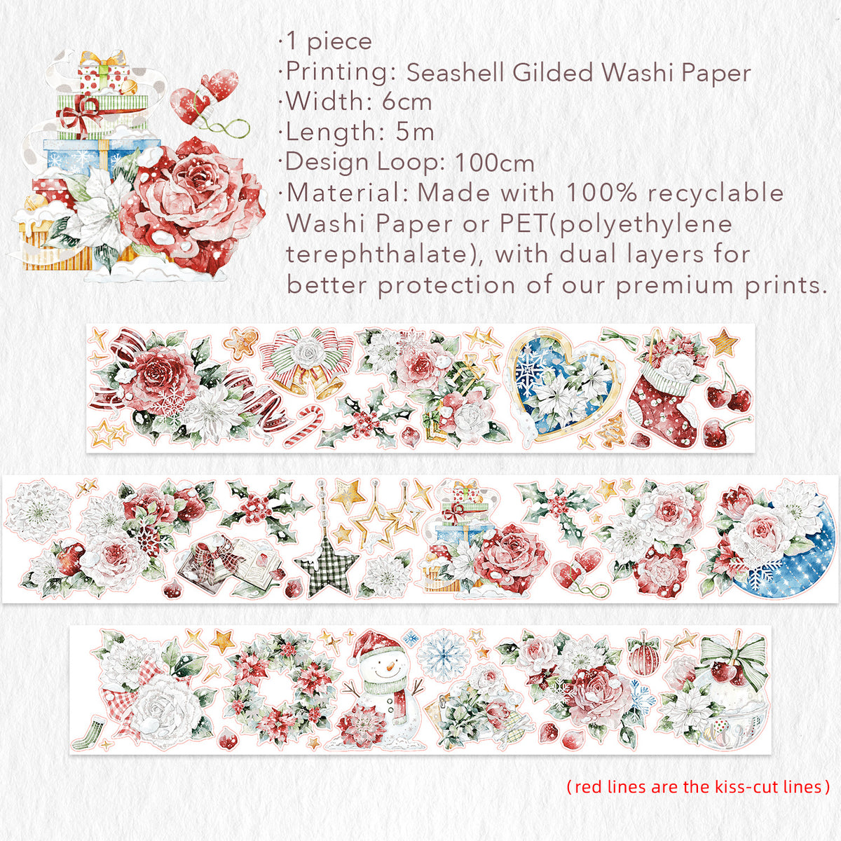 Pre-cut Holly Bloom Wide Washi/PET Tape (Seashell Gilded)
