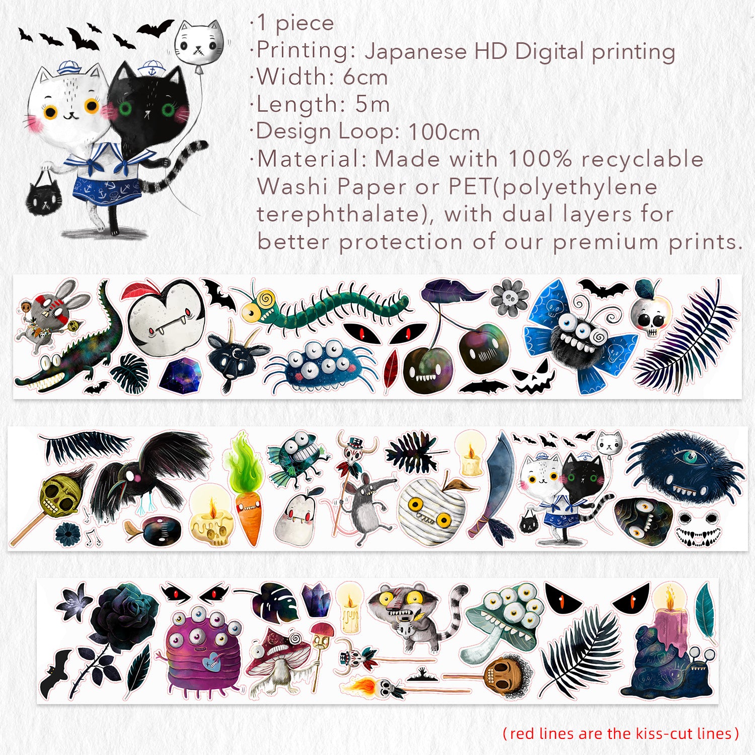 Pre-cut Midnight Monsters Wide Washi/PET Tape