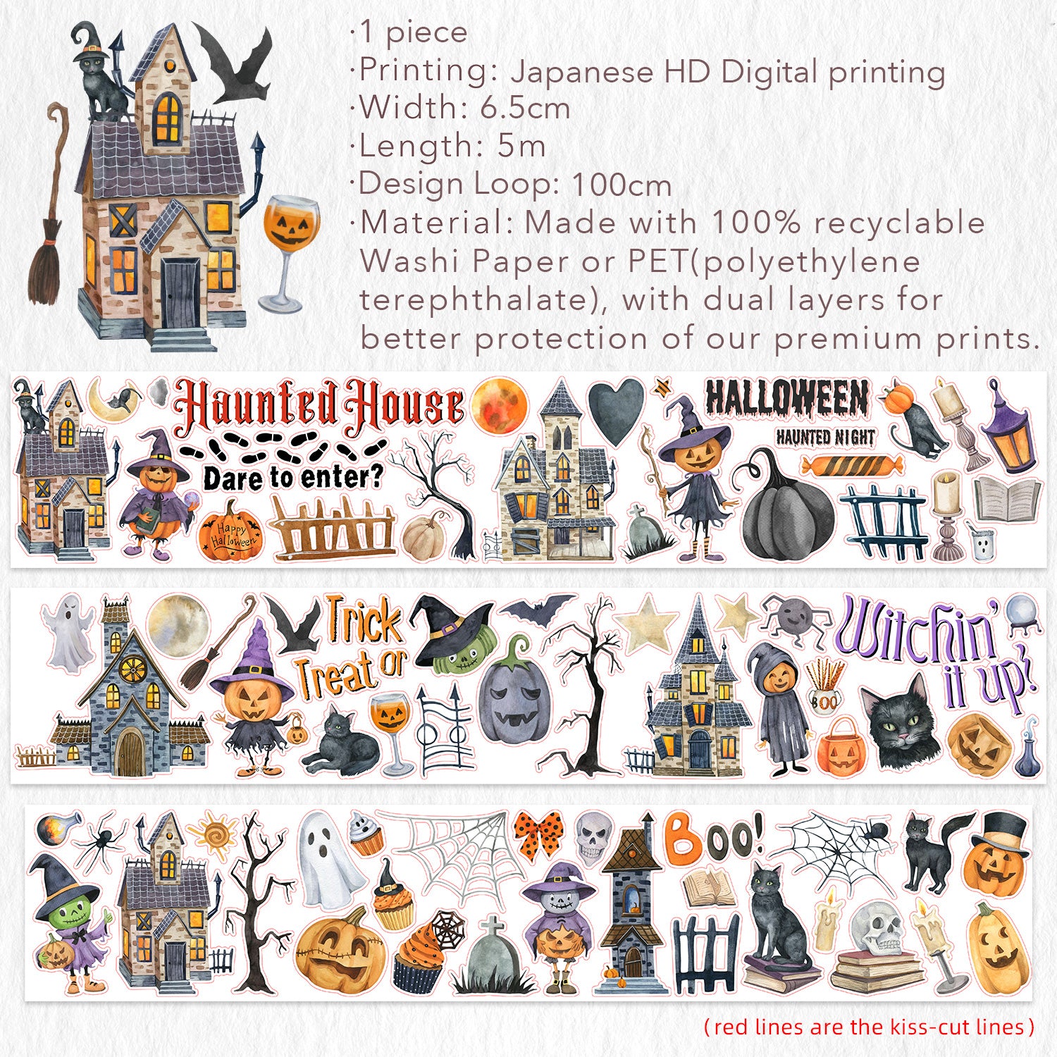 Pre-cut Haunted Night Wide Washi/PET Tape