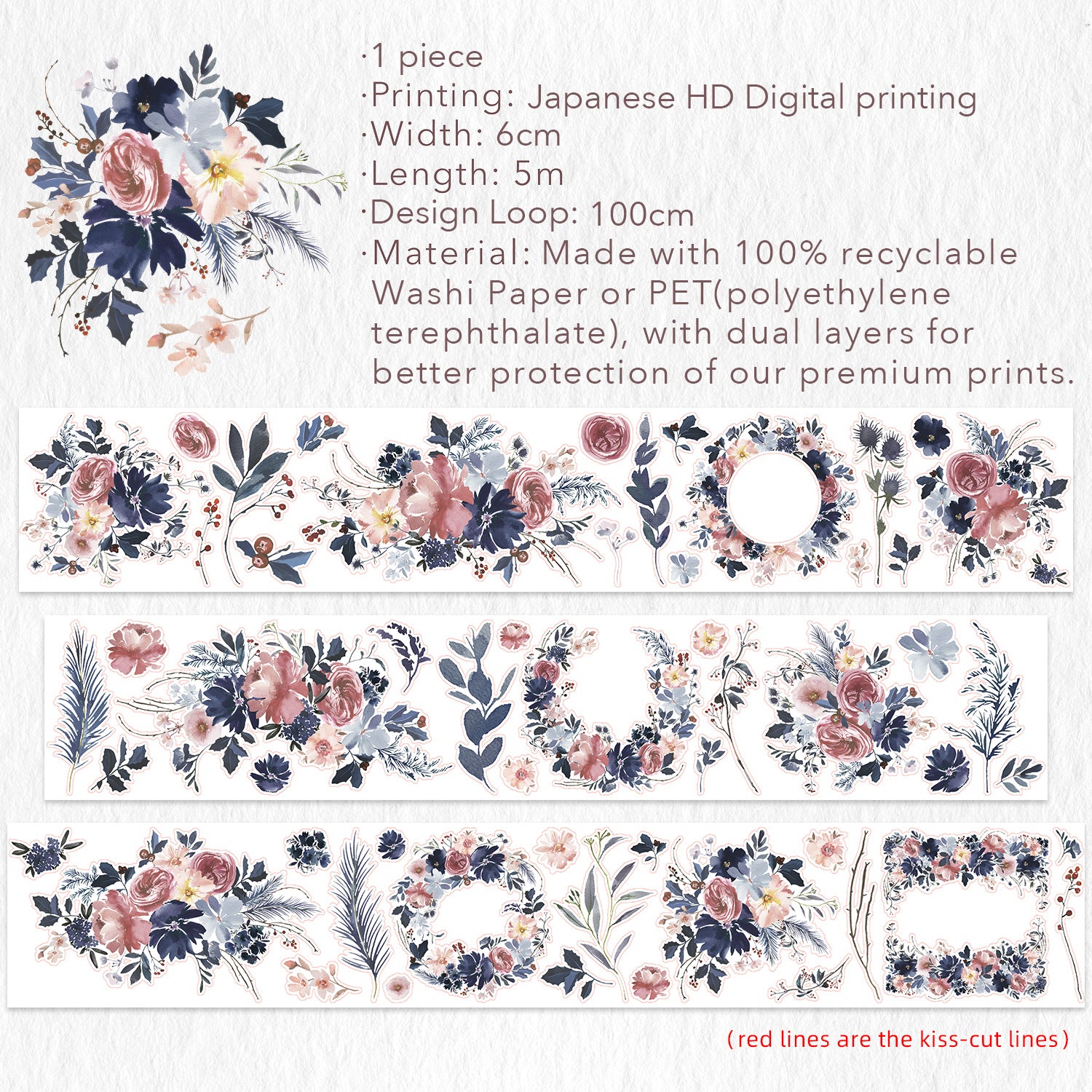 Pre-cut Frosty Rose Wide Washi/PET Tape | The Washi Tape Shop. Beautiful Washi and Decorative Tape For Bullet Journals, Gift Wrapping, Planner Decoration and DIY Projects