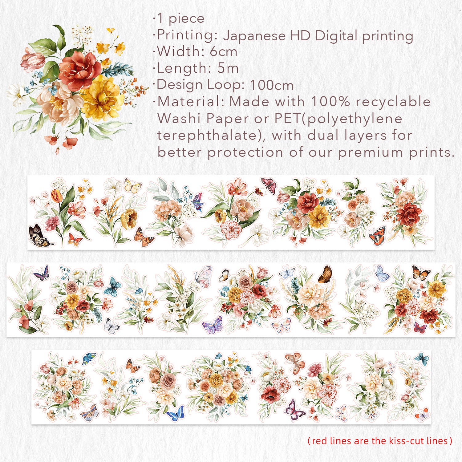 Pre-cut Floral Wave Wide Washi/PET Tape