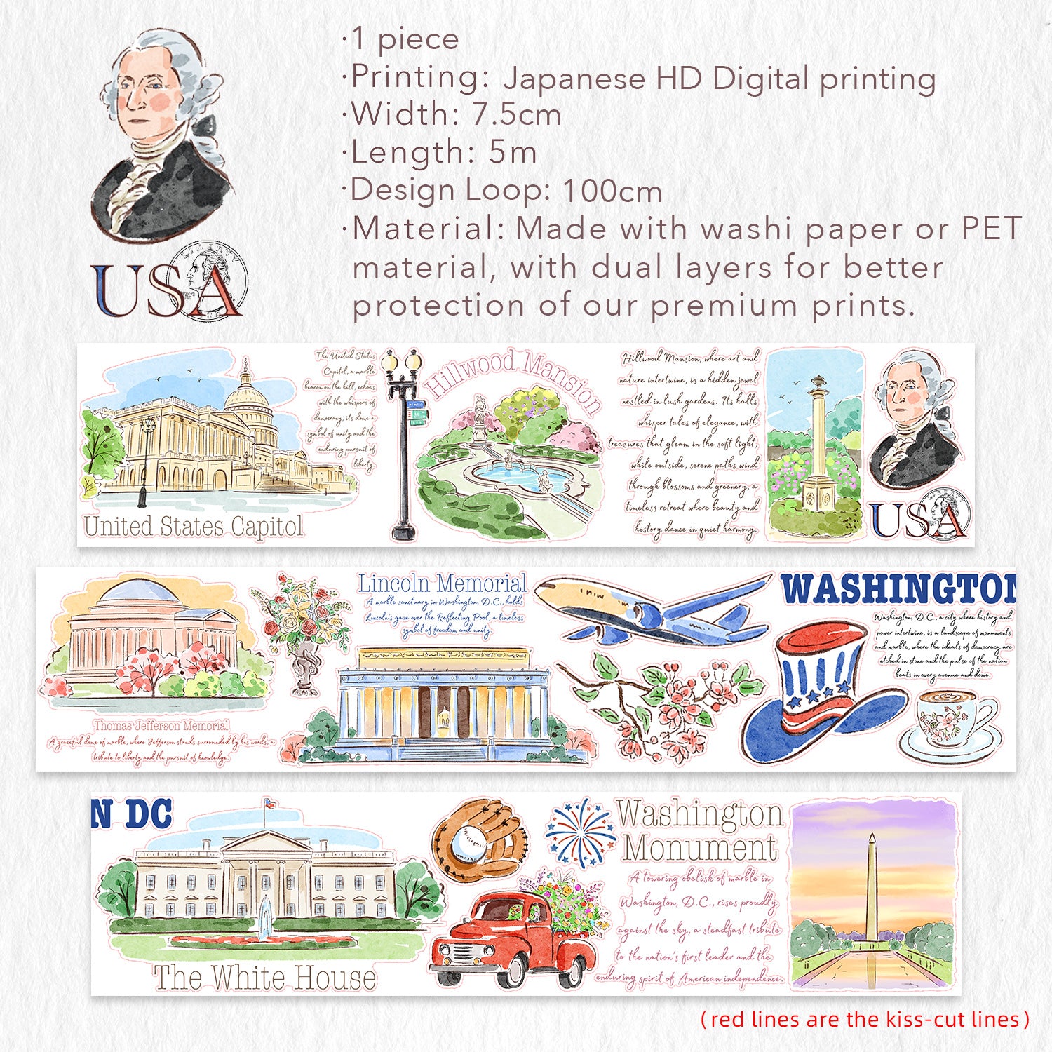 Pre-cut Washington Icons Wide Washi/PET Tape