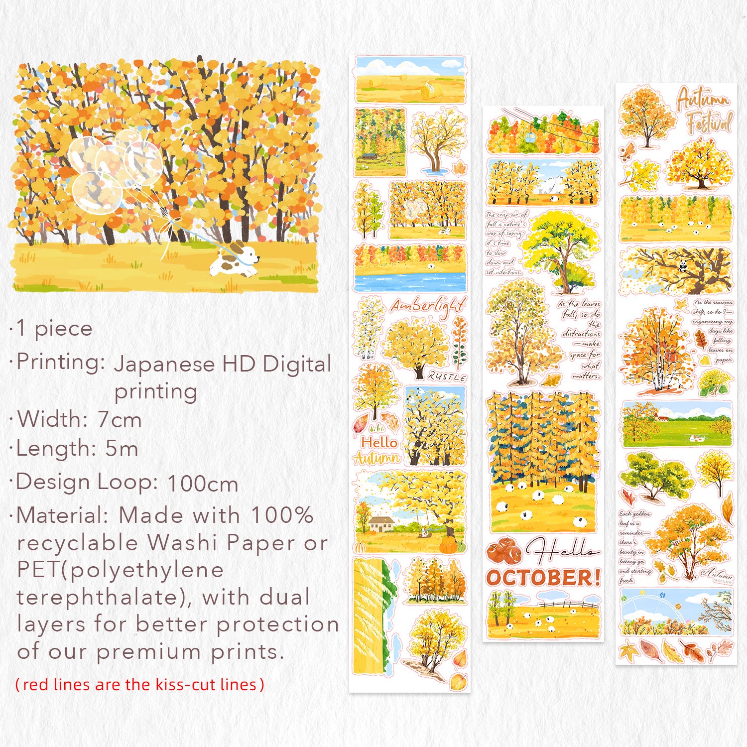 Pre-cut Hello Autumn Wide Washi/PET Tape