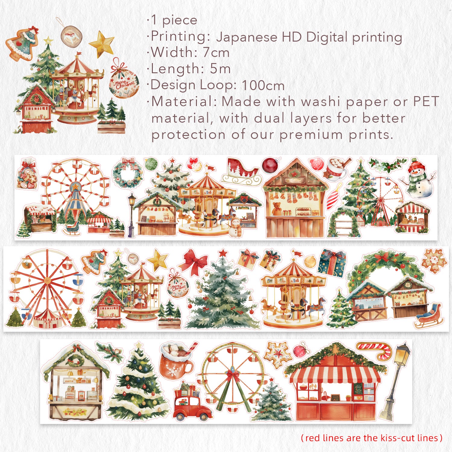 Pre-cut Christmas Market Wide Washi/PET Tape