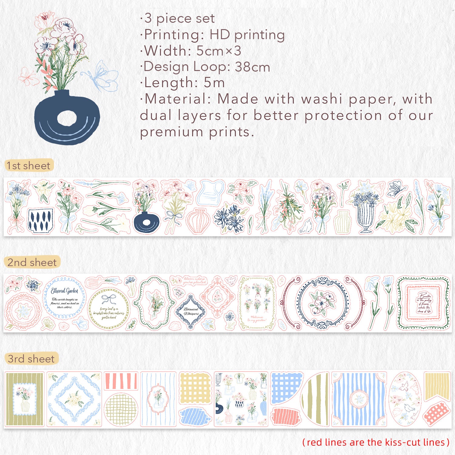 18 Pieces Spring Floral Tape, Decorative Tape Craft Supplies