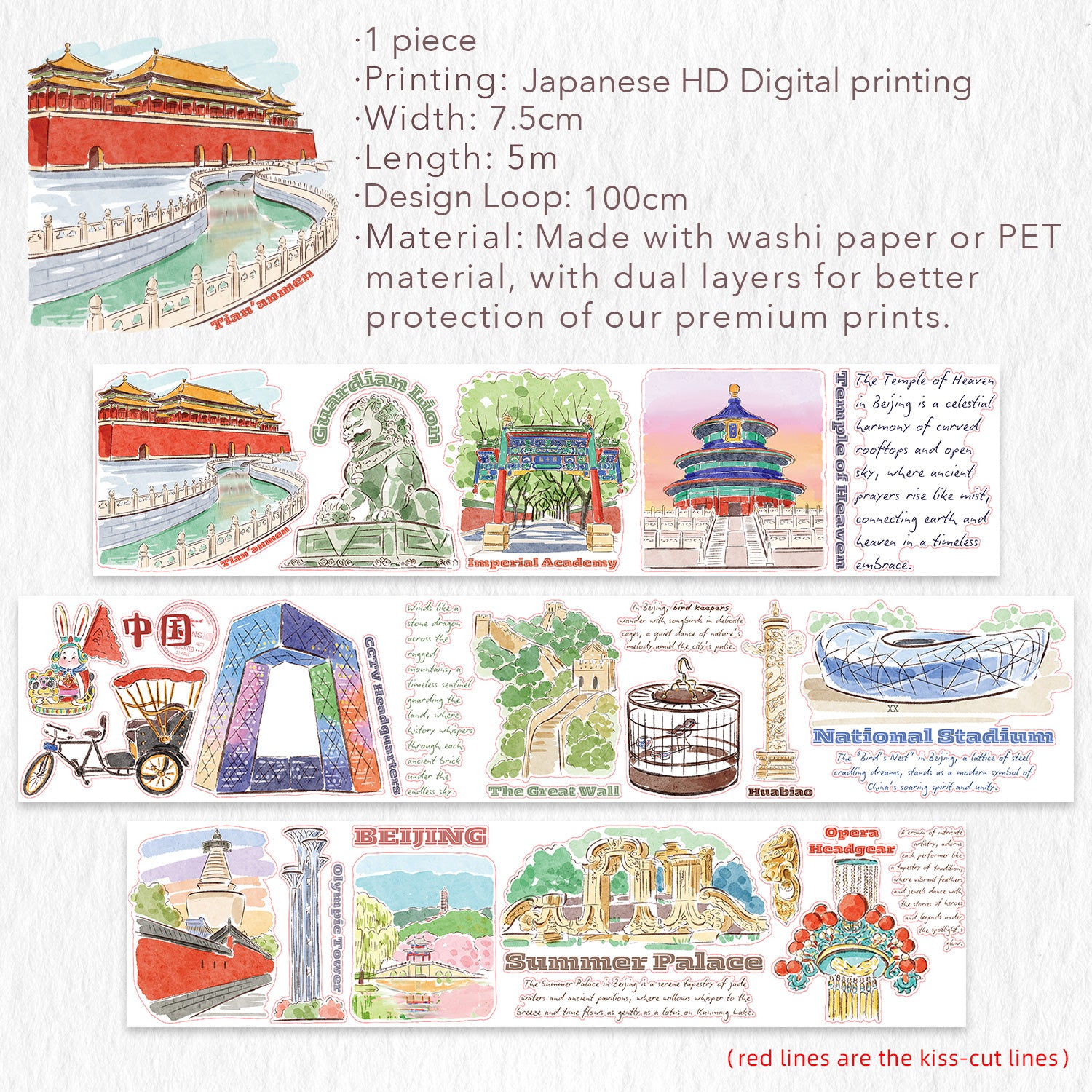 Pre-cut Beijing Scrolls Wide Washi/PET Tape