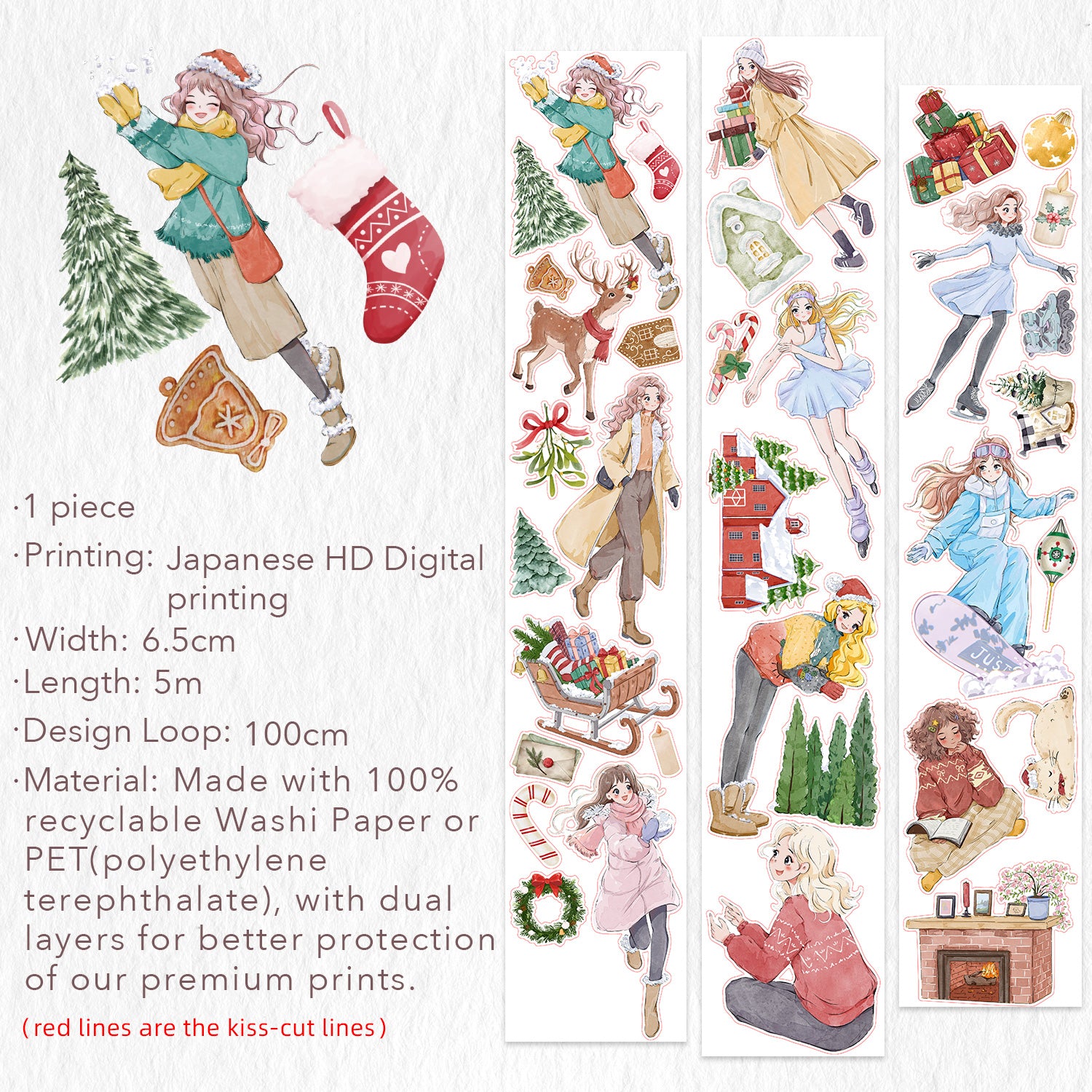 Pre-cut Snowy Strolls Wide Washi/PET Tape