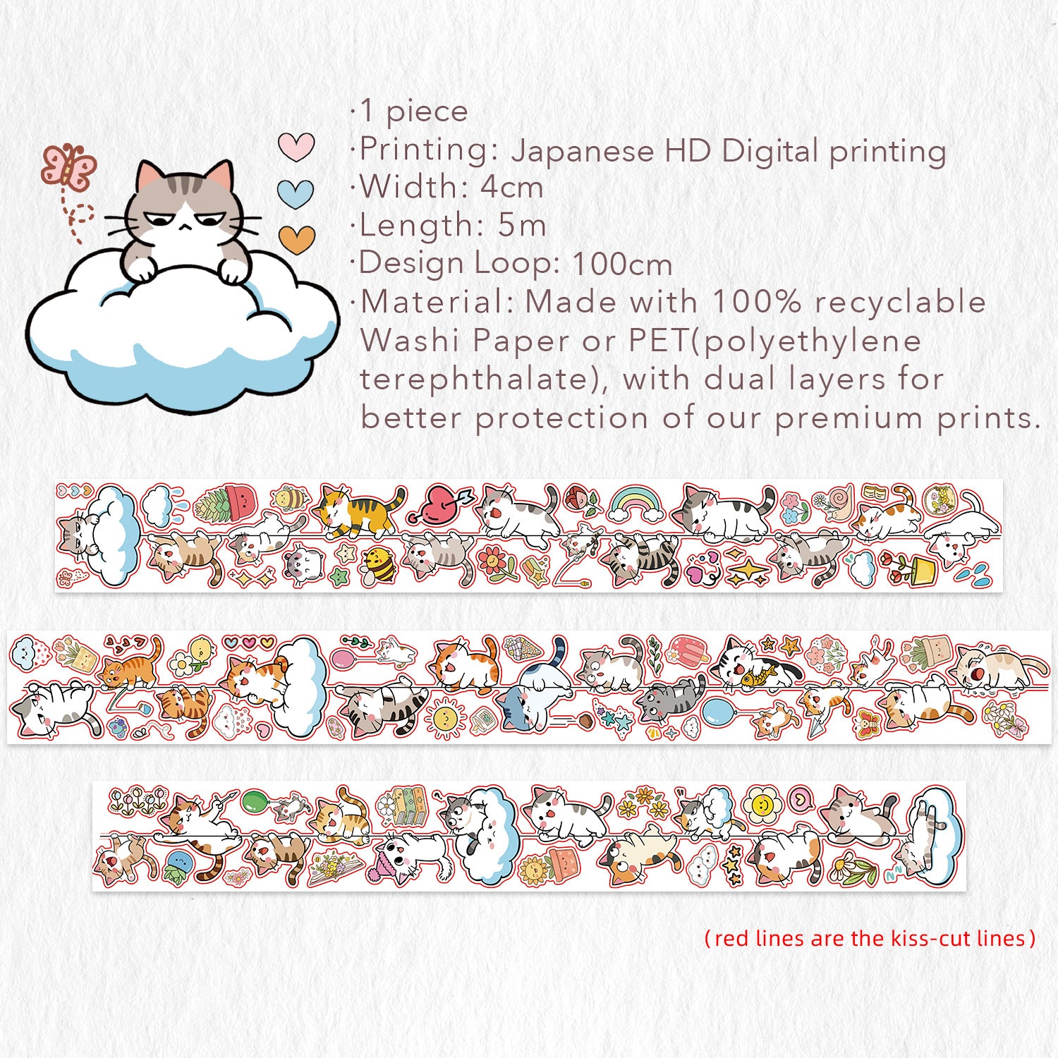 Pre-cut Kitty Cascade Wide Washi/PET Tape