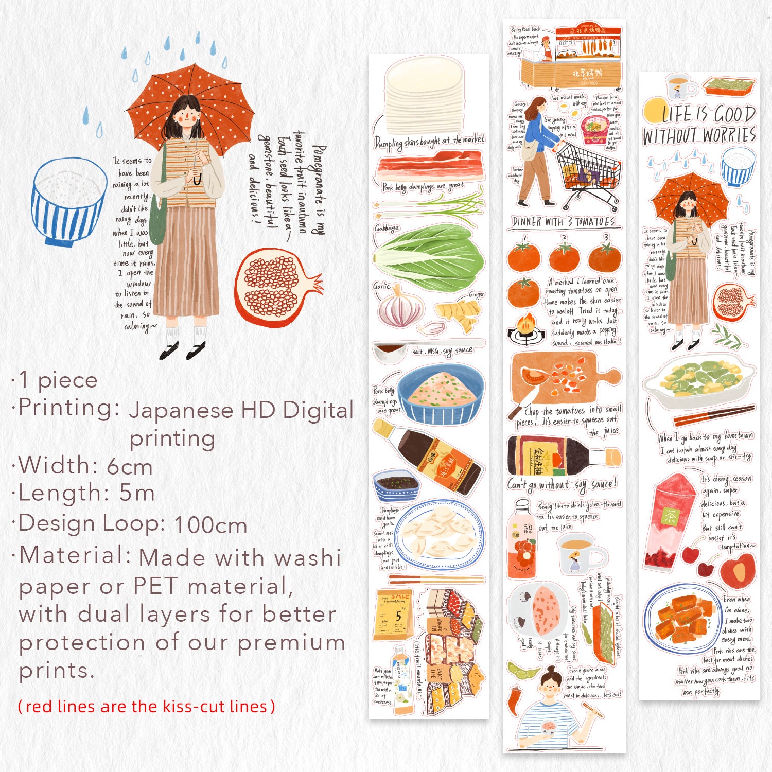 Pre-cut Dinner Time Wide Washi/PET Tape