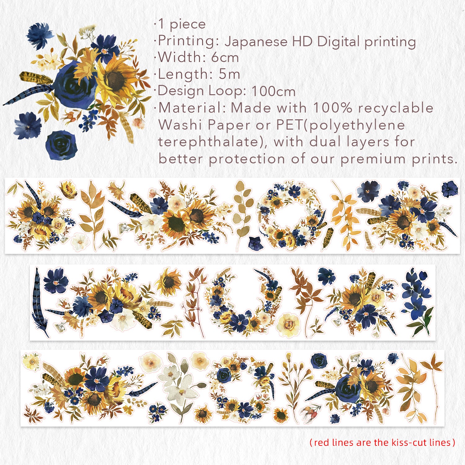 Pre-cut Sunflower & Navy Wide Washi/PET Tape | The Washi Tape Shop. Beautiful Washi and Decorative Tape For Bullet Journals, Gift Wrapping, Planner Decoration and DIY Projects