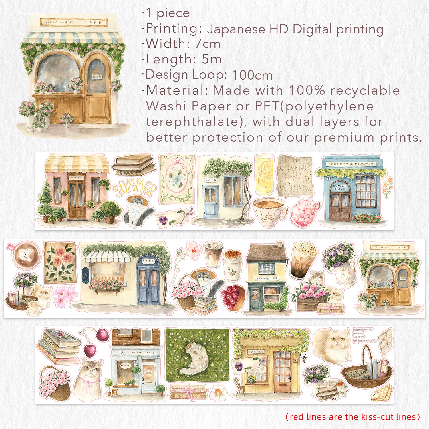 カナダWT Pre-cut Summer Café PET Pre-cut Summer Café Wide Washi/PET Tape | The Washi Tape Shop