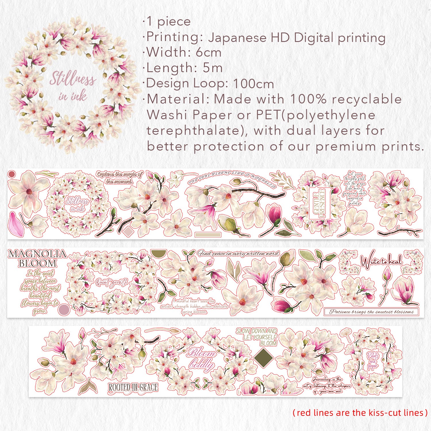 Pre-cut Magnolia Bloom Wide Washi/PET Tape