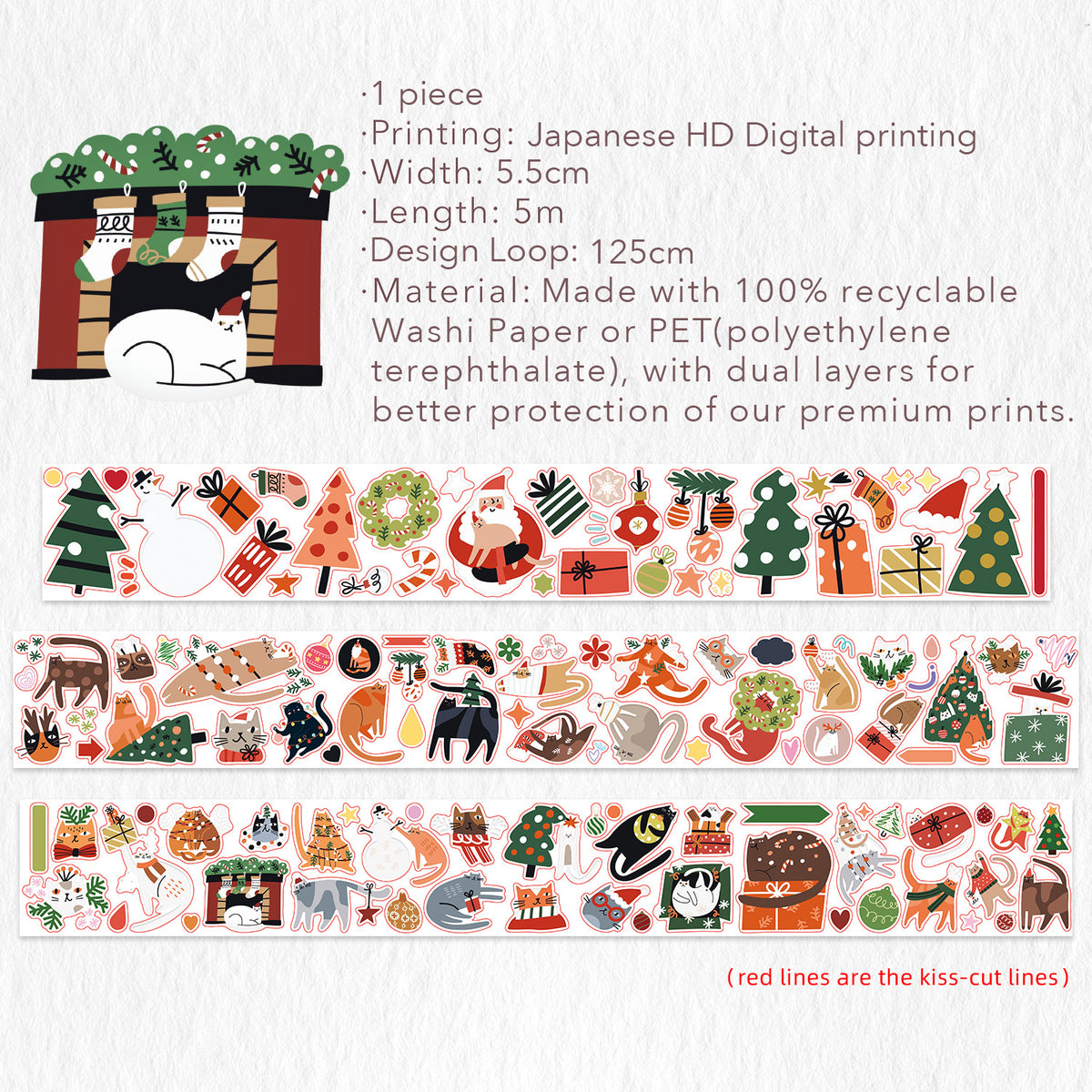 Pre-cut Santa Paws Wide Washi/PET Tape