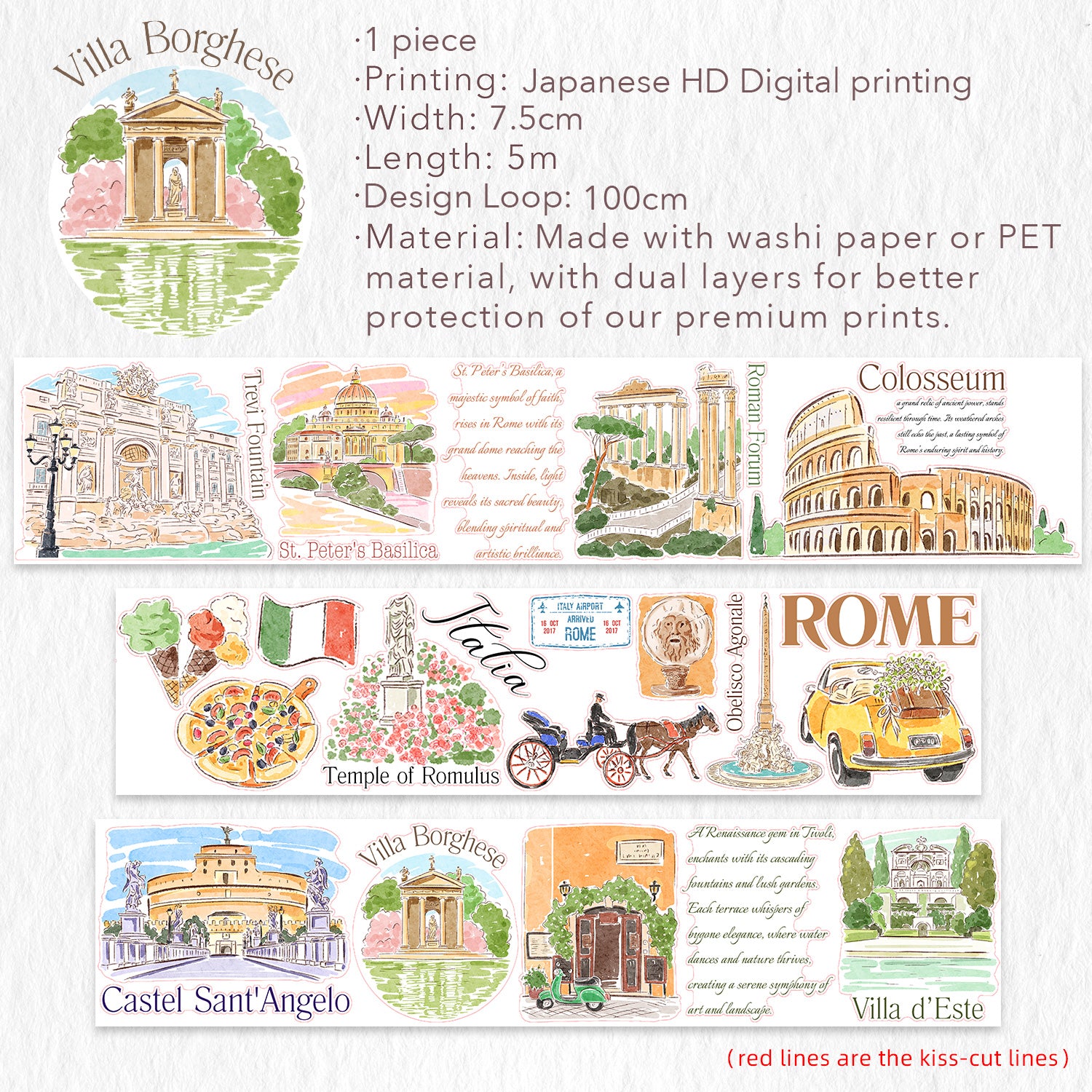 Pre-cut Rome Heritage Wide Washi/PET Tape