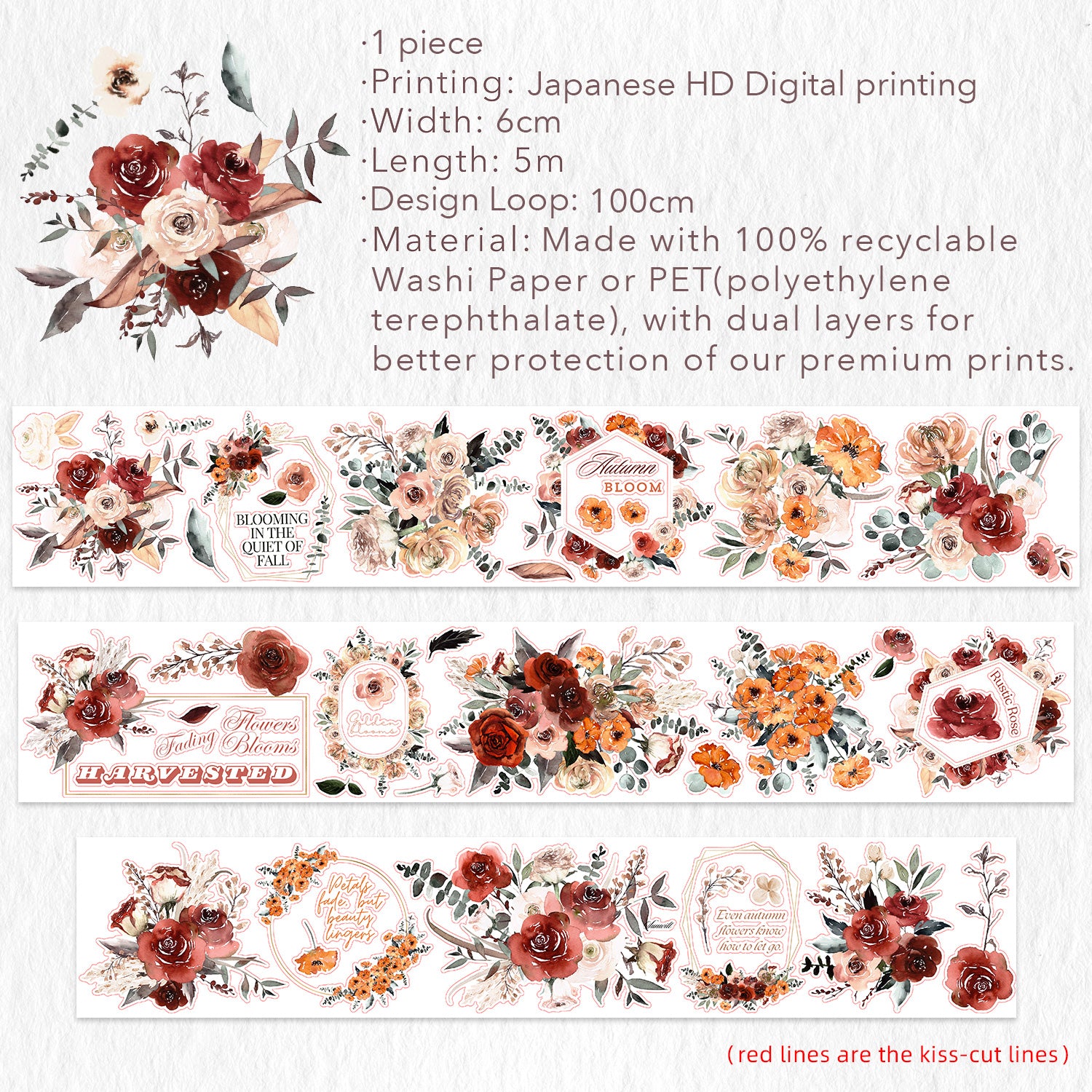 Pre-cut Harvested Bloom Wide Washi/PET Tape