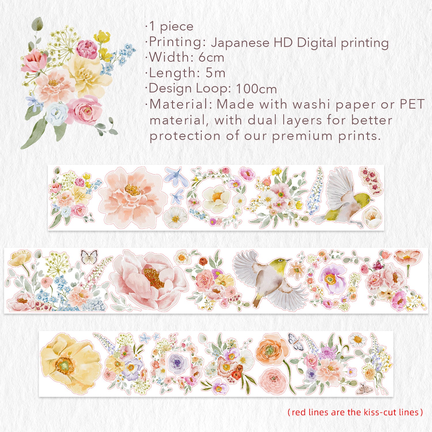 Pre-cut Floral Finch Wide Washi/PET Tape | The Washi Tape Shop. Beautiful Washi and Decorative Tape For Bullet Journals, Gift Wrapping, Planner Decoration and DIY Projects