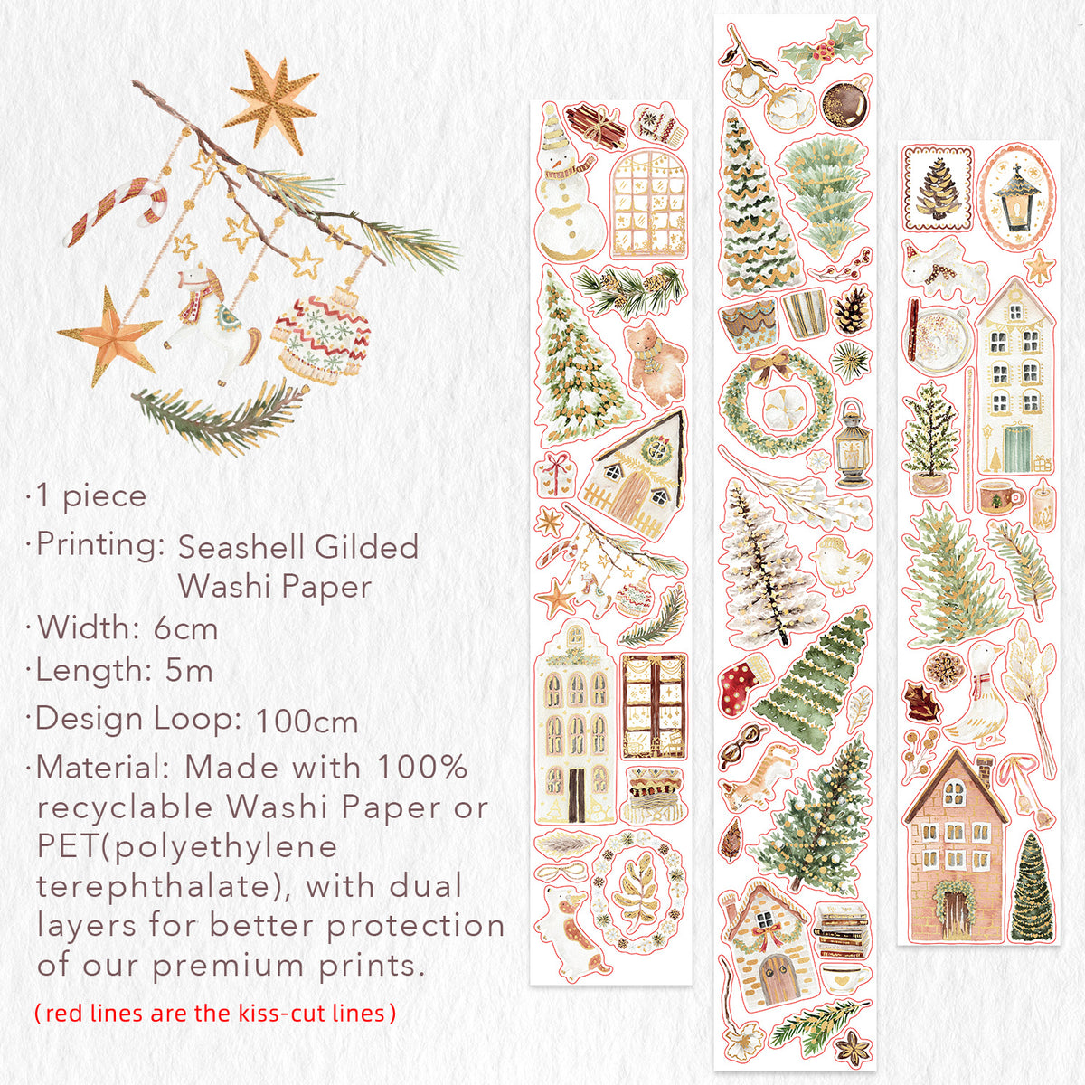 Pre-cut Holiday Hamlet Wide Washi/PET Tape (Seashell Gilded)