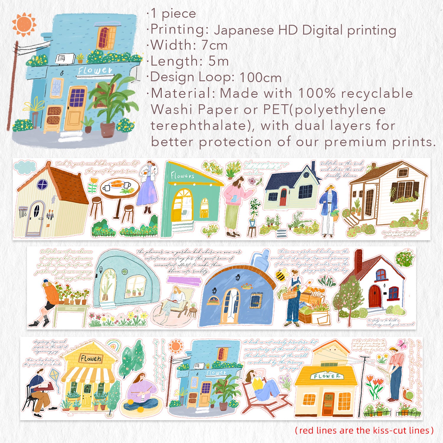 Pre-cut Bloom House Wide Washi/PET Tape | The Washi Tape Shop. Beautiful Washi and Decorative Tape For Bullet Journals, Gift Wrapping, Planner Decoration and DIY Projects
