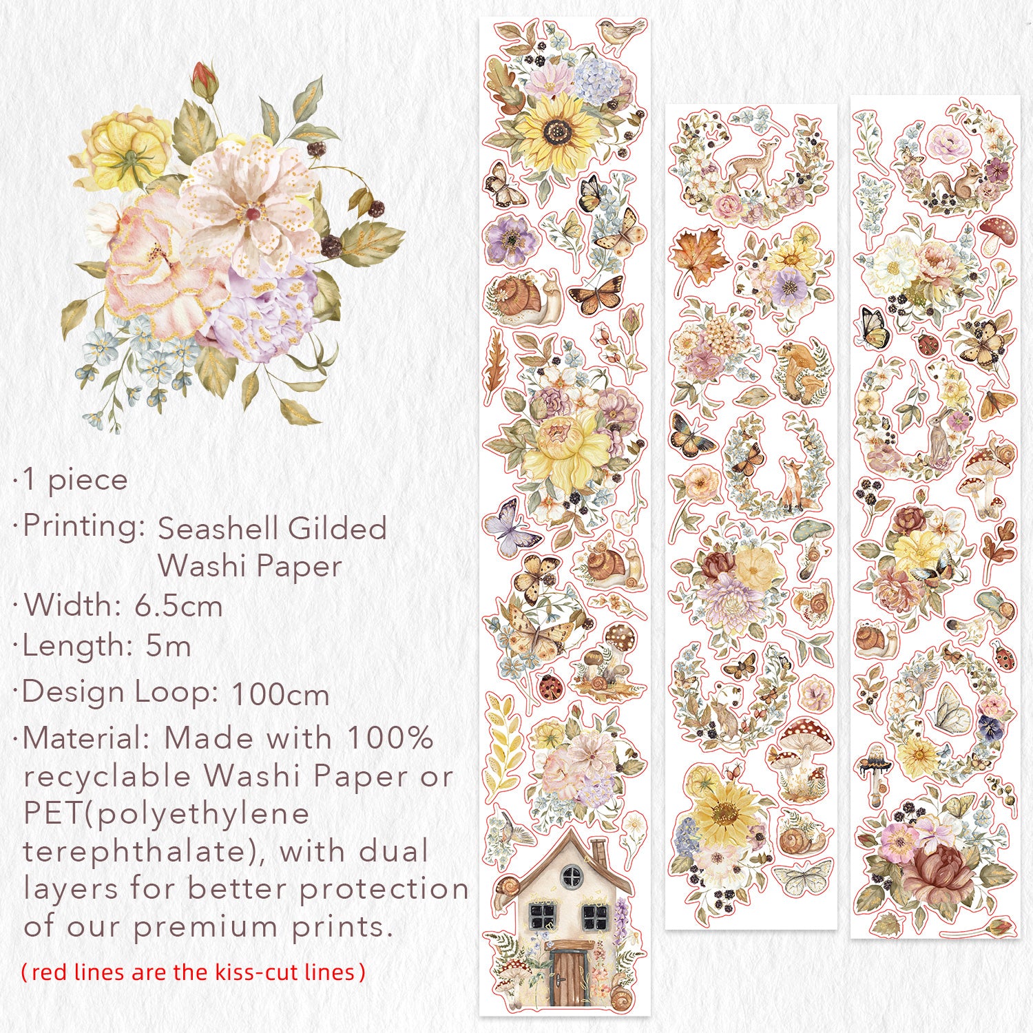 Pre-cut Golden Harvest Wide Washi/PET Tape (Seashell Gilded)