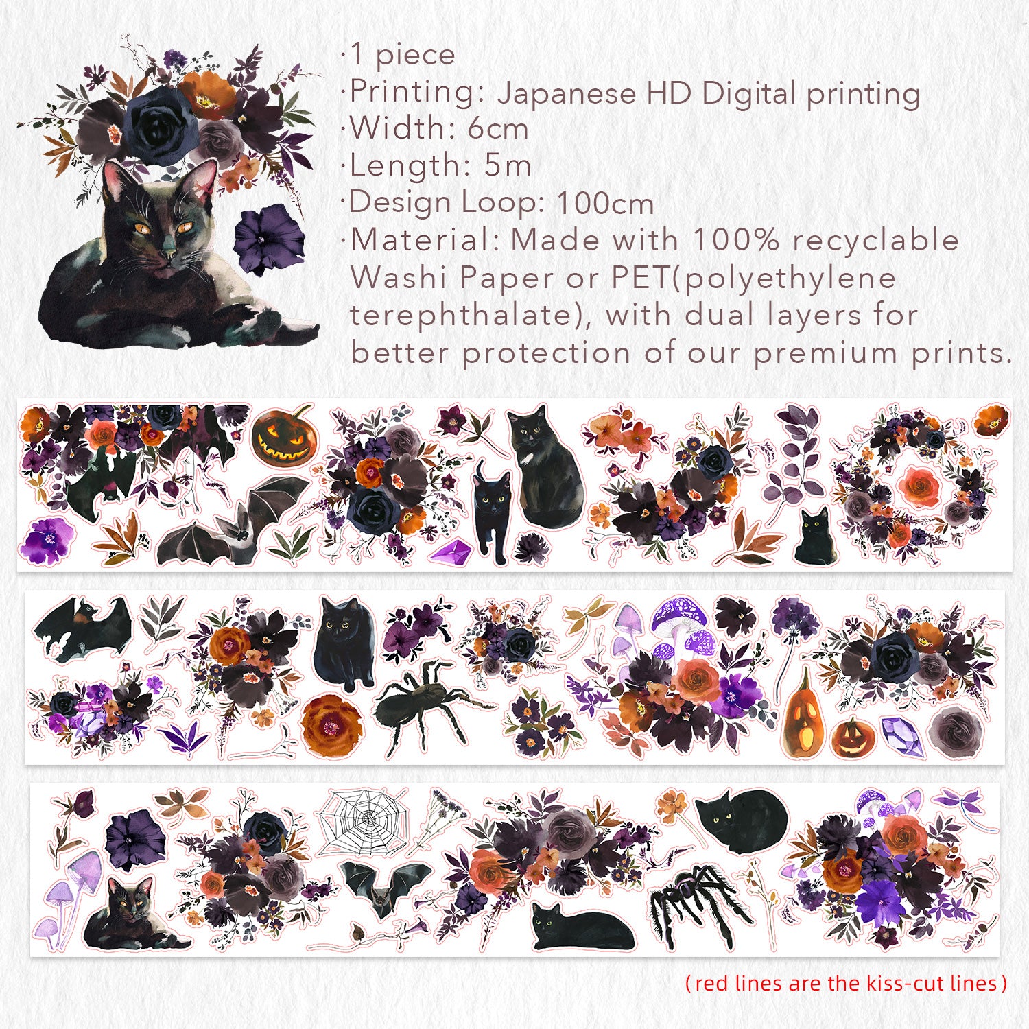 Pre-cut Mystic Meow Wide Washi/PET Tape