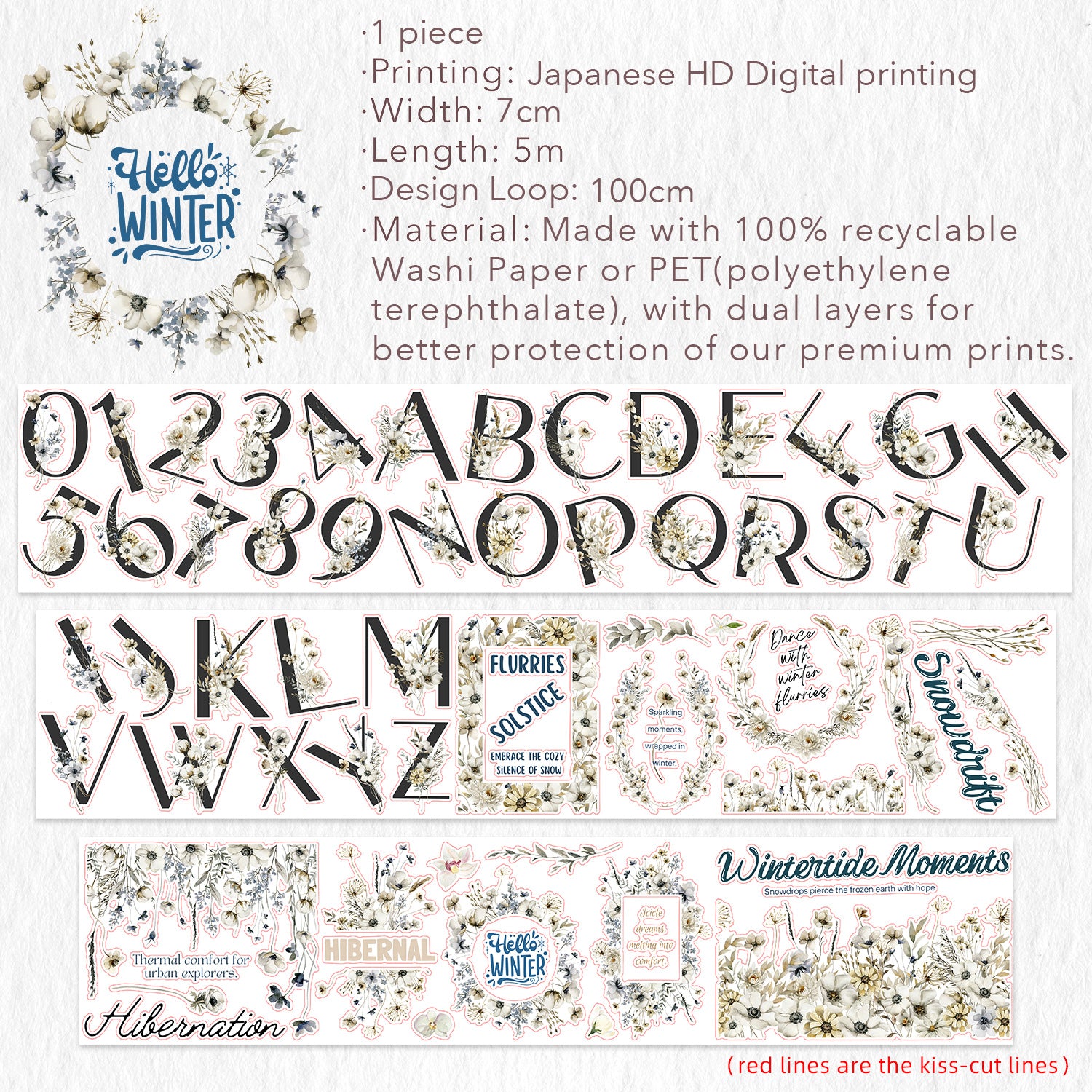 Pre-cut Frosted Letters Wide Washi/PET Tape