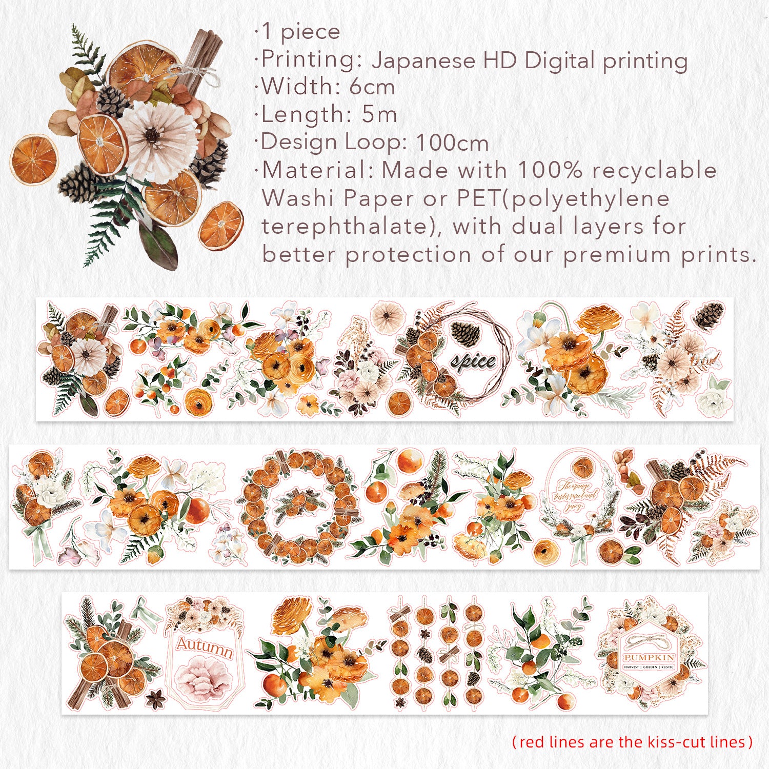 Pre-cut Autumn Spice Wide Washi/PET Tape