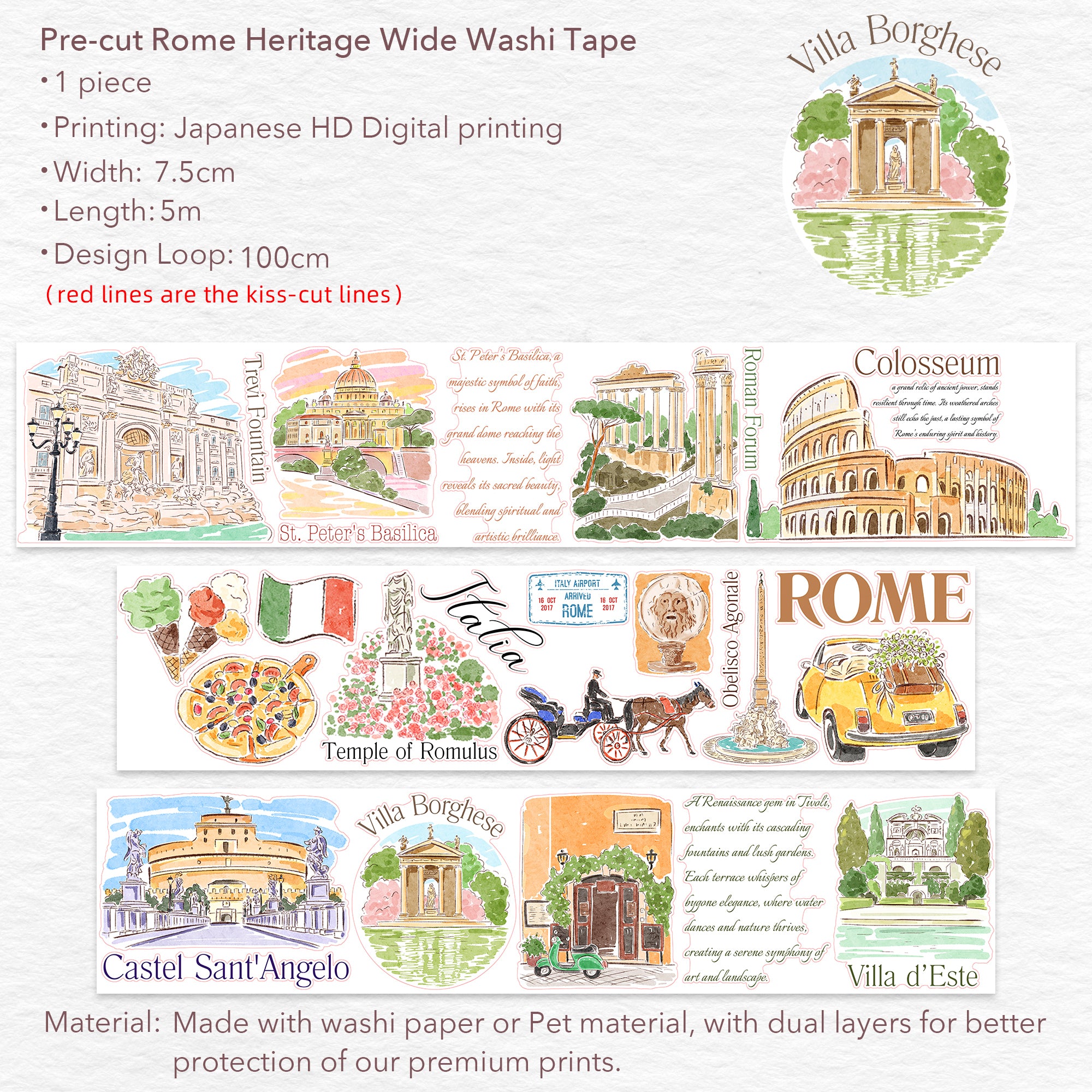 Pre-cut Rome Heritage Wide Washi/PET Tape