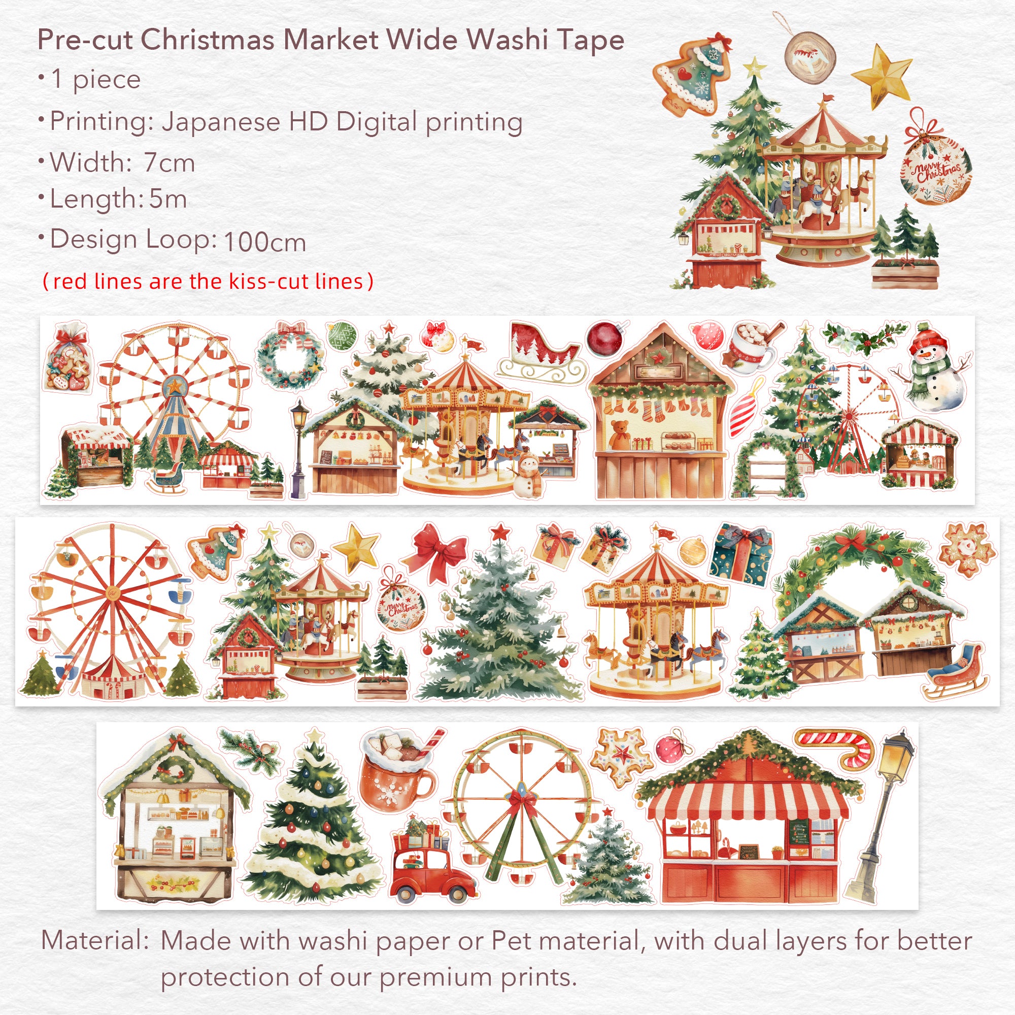 Pre-cut Christmas Market Wide Washi/PET Tape