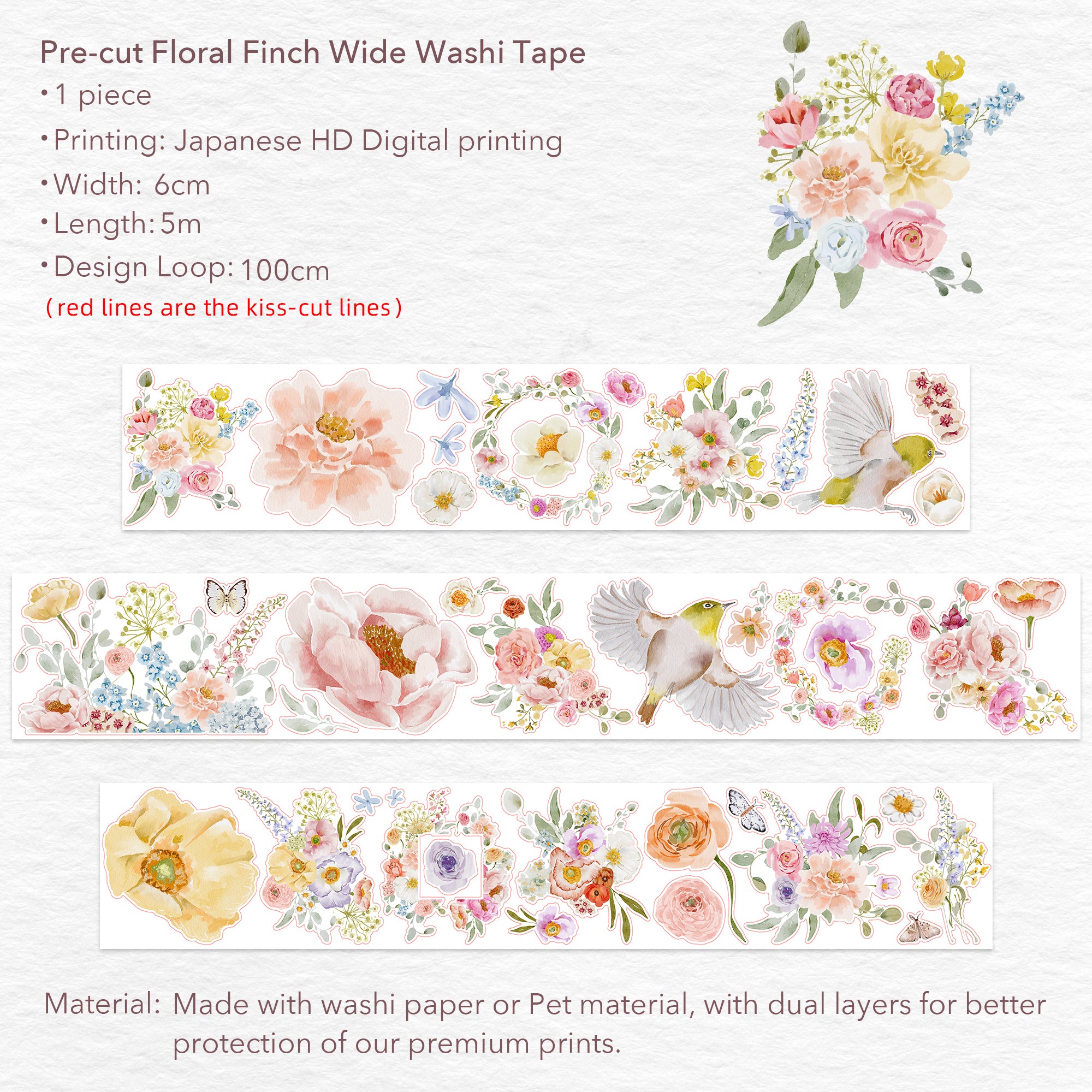 Pre-cut Floral Finch Wide Washi/PET Tape | The Washi Tape Shop. Beautiful Washi and Decorative Tape For Bullet Journals, Gift Wrapping, Planner Decoration and DIY Projects