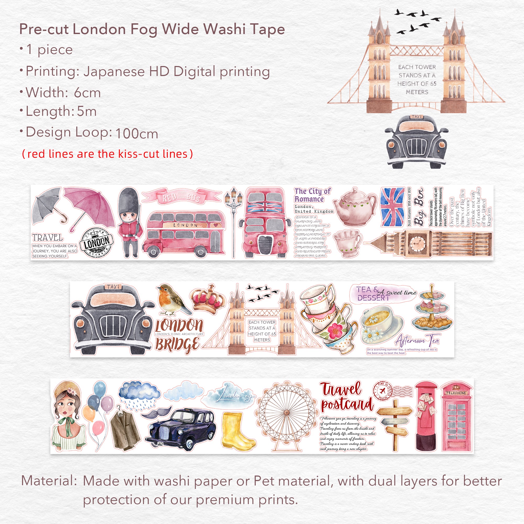Pre-cut London Fog Wide Washi / PET Tape
