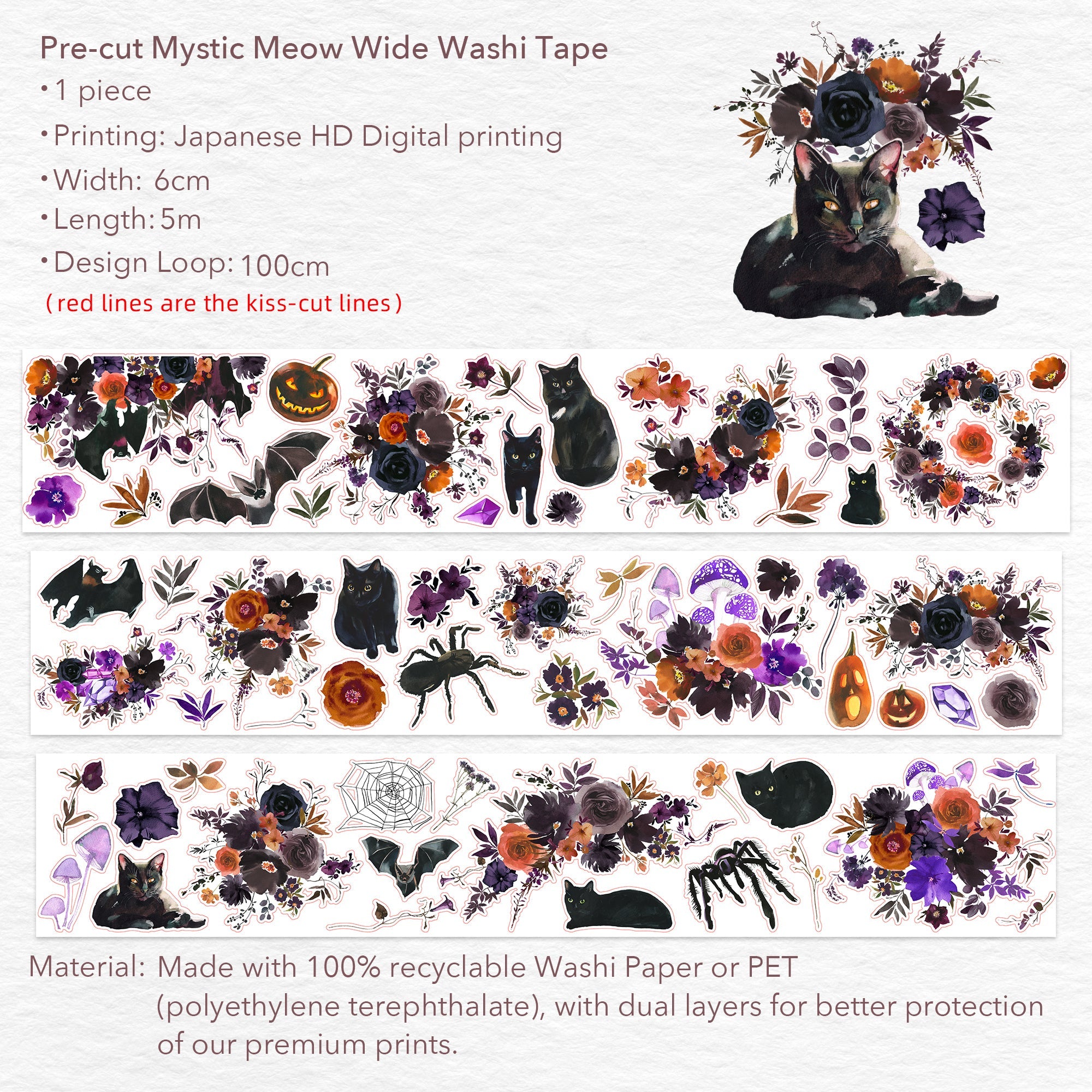 Pre-cut Mystic Meow Wide Washi/PET Tape | The Washi Tape Shop. Beautiful Washi and Decorative Tape For Bullet Journals, Gift Wrapping, Planner Decoration and DIY Projects