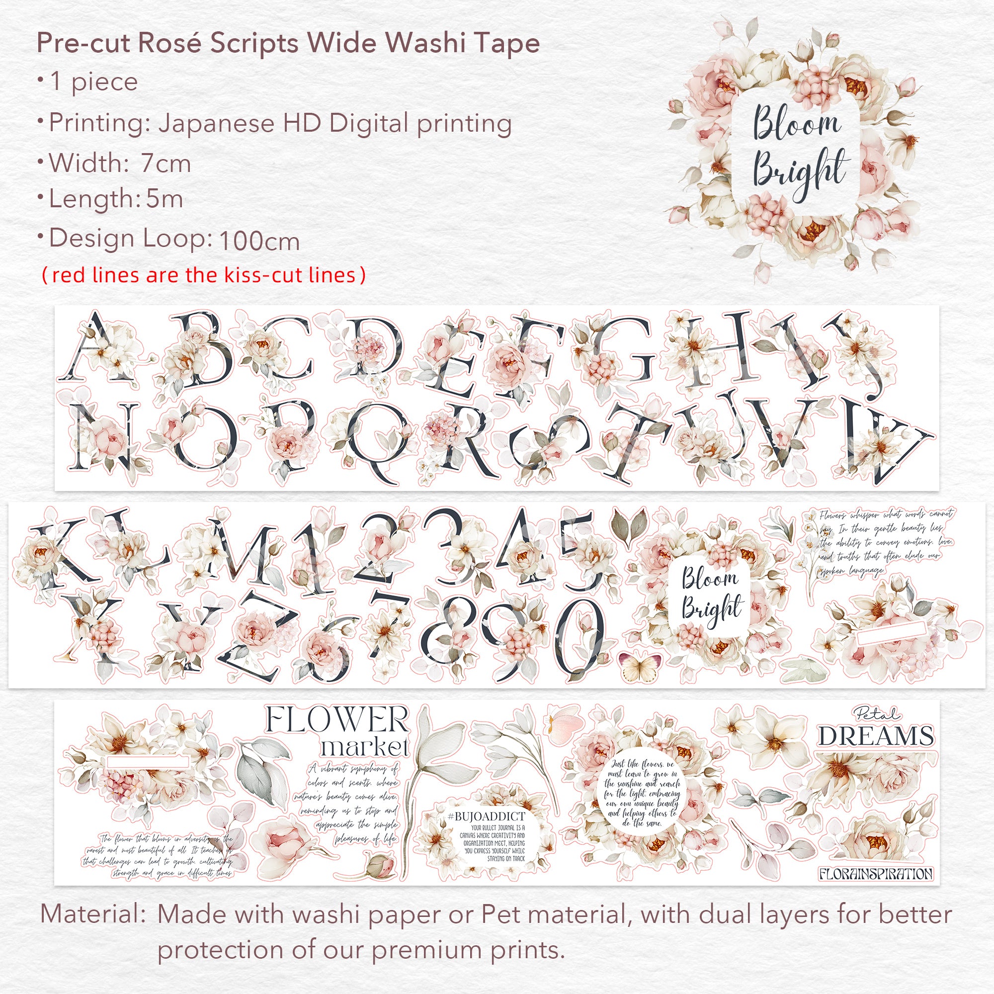 Pre-cut Rosé Scripts Wide Washi/PET Tape | The Washi Tape Shop
